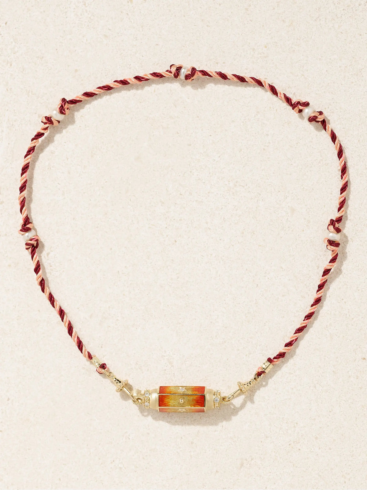 Baby Locket 14-karat Gold And Cord, Enamel, Diamond And Pearl Necklace