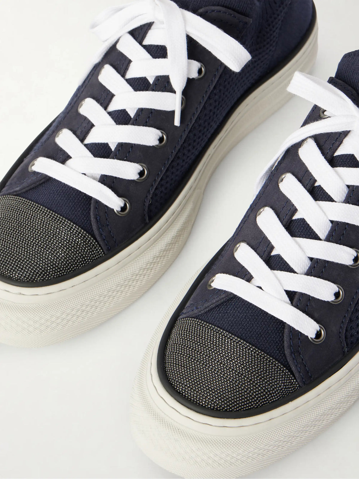 Bead-embellished Suede-trimmed Stretch-knit Sneakers