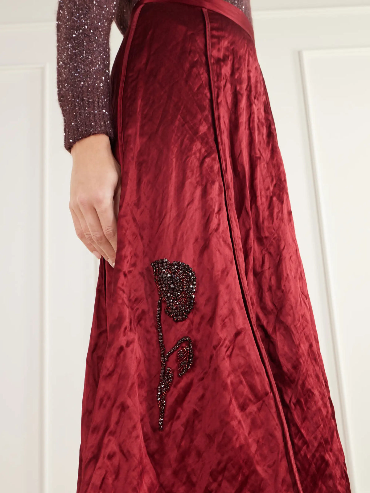 Erdem Crystal-embellished Crinkled-satin Midi Skirt