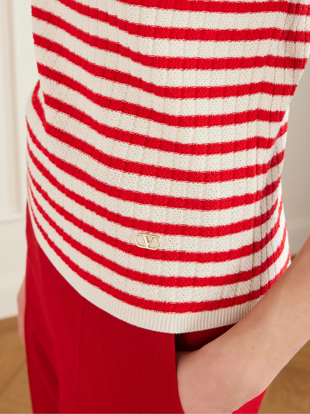 Valentino Garavani Embellished Striped Ribbed Cotton T-shirt
