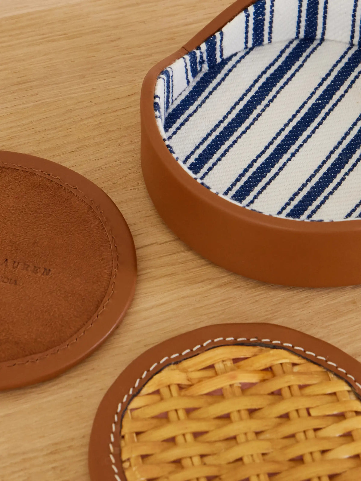 Bailey Leather-trimmed Rattan-woven Set Of Four Coasters