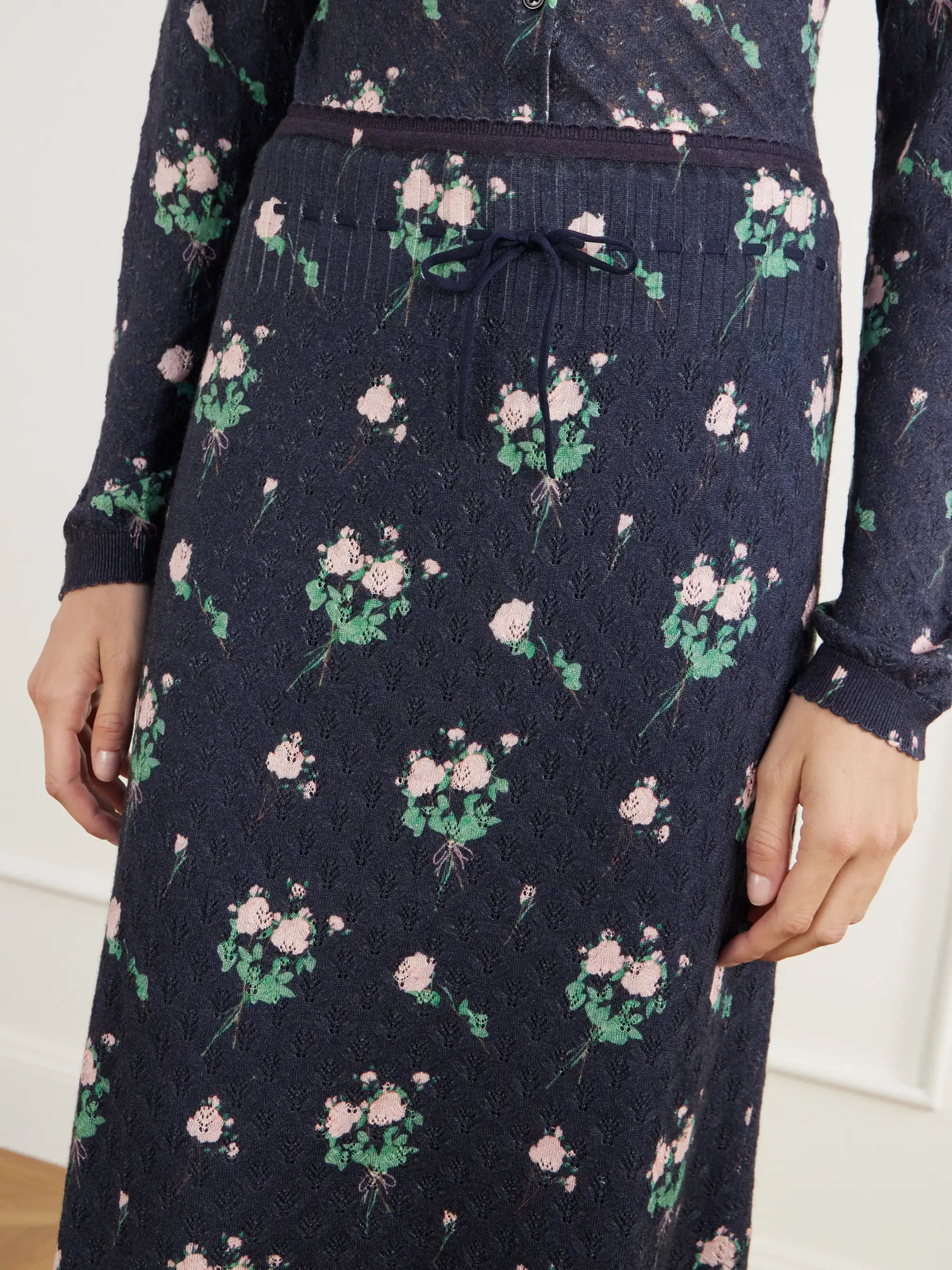 BERNADETTE Katia Floral-print Pointelle-knit Silk, Wool And Cashmere-blend Knee-length Skirt