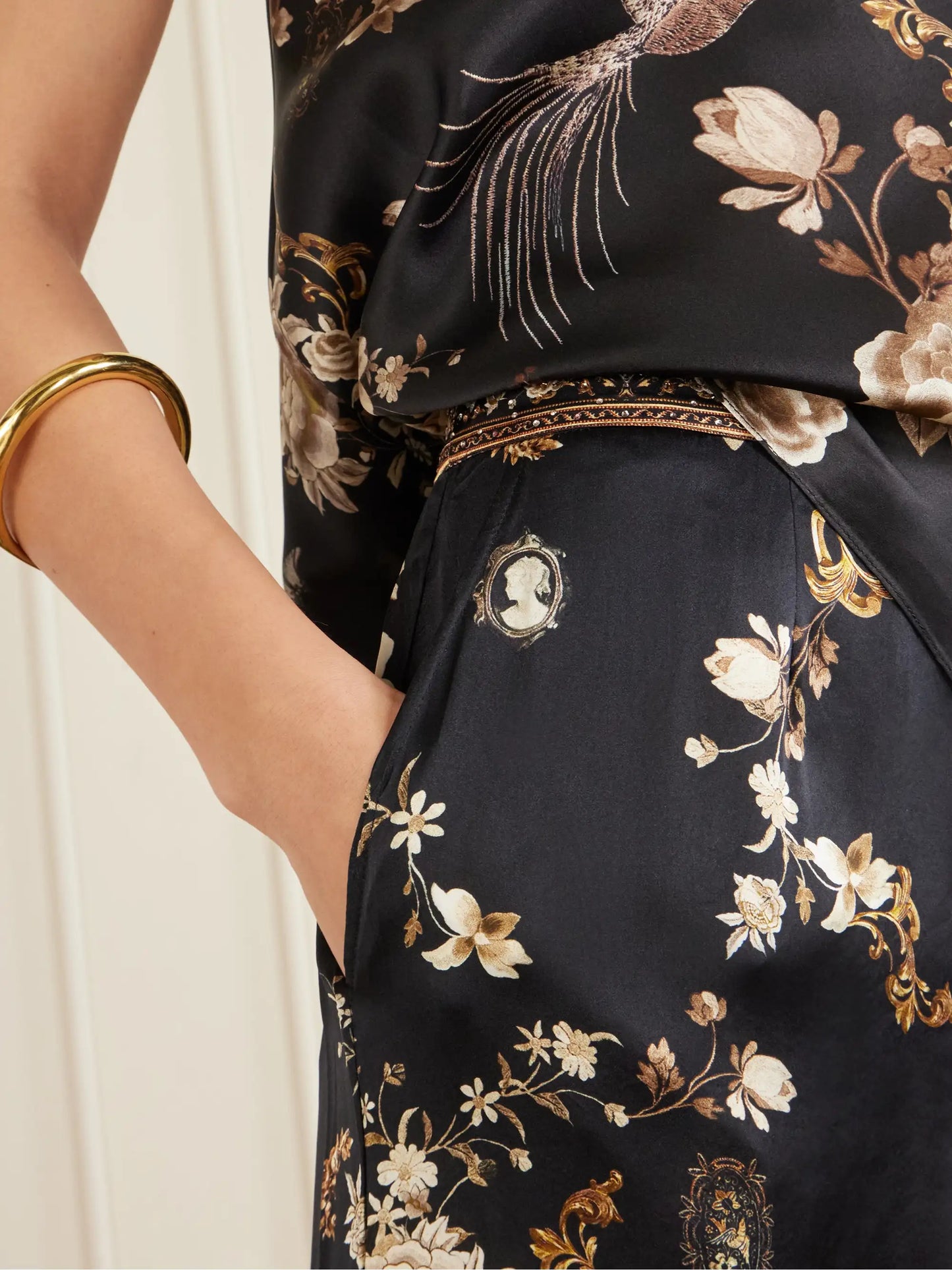 Embellished Embroidered Printed Silk-satin Pants