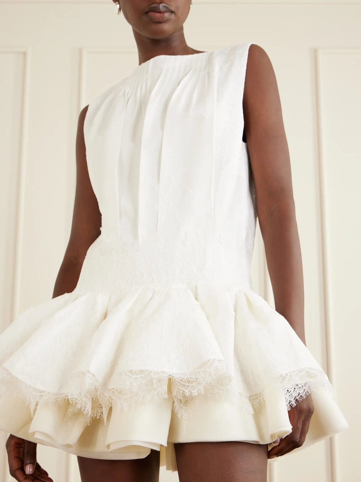 Aje Cressida Gathered Tiered Lace-trimmed Linen-blend Mini Dress