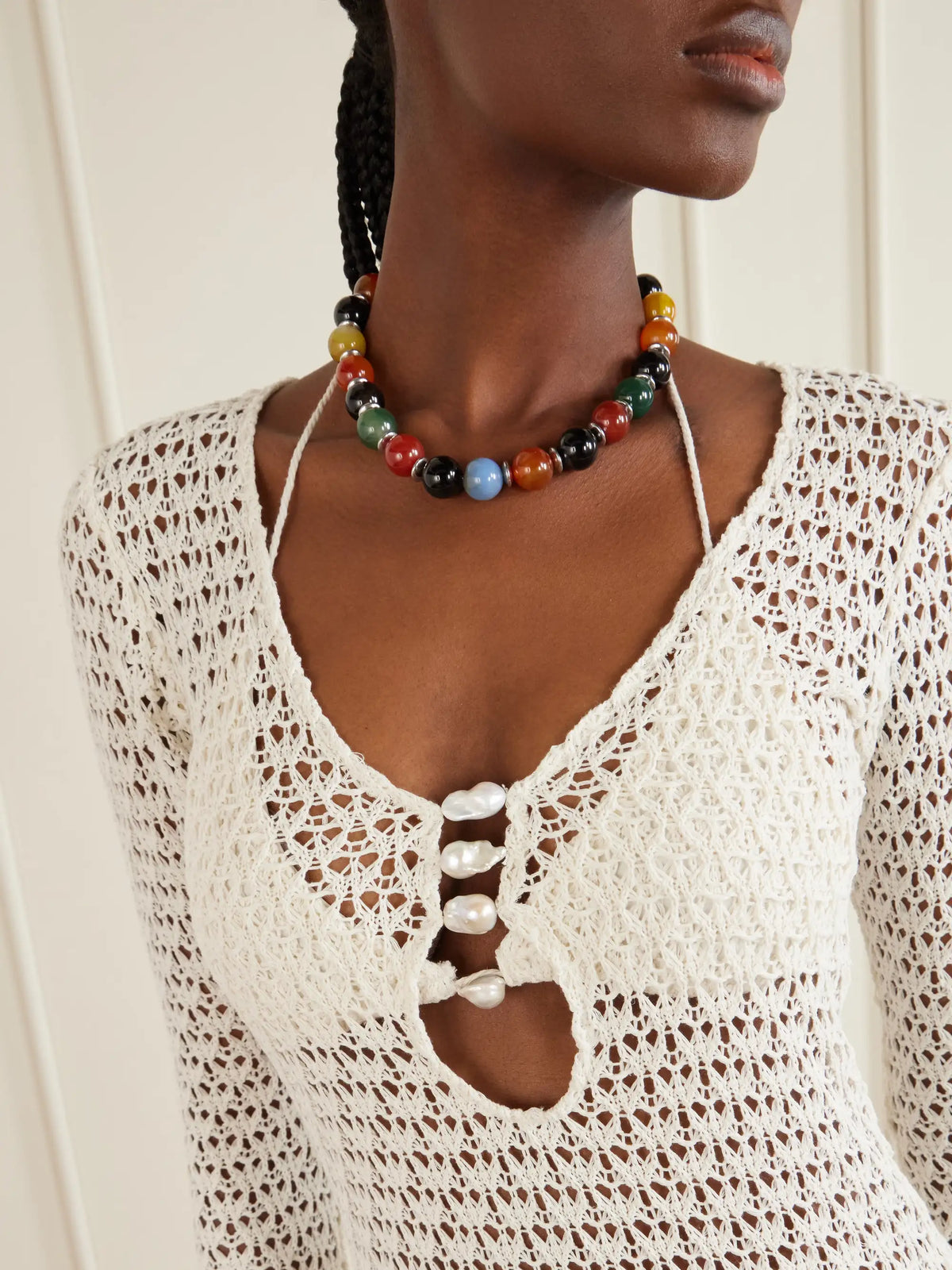Sara Cristina Marina Pearl-embellished Crocheted Cotton Coverup