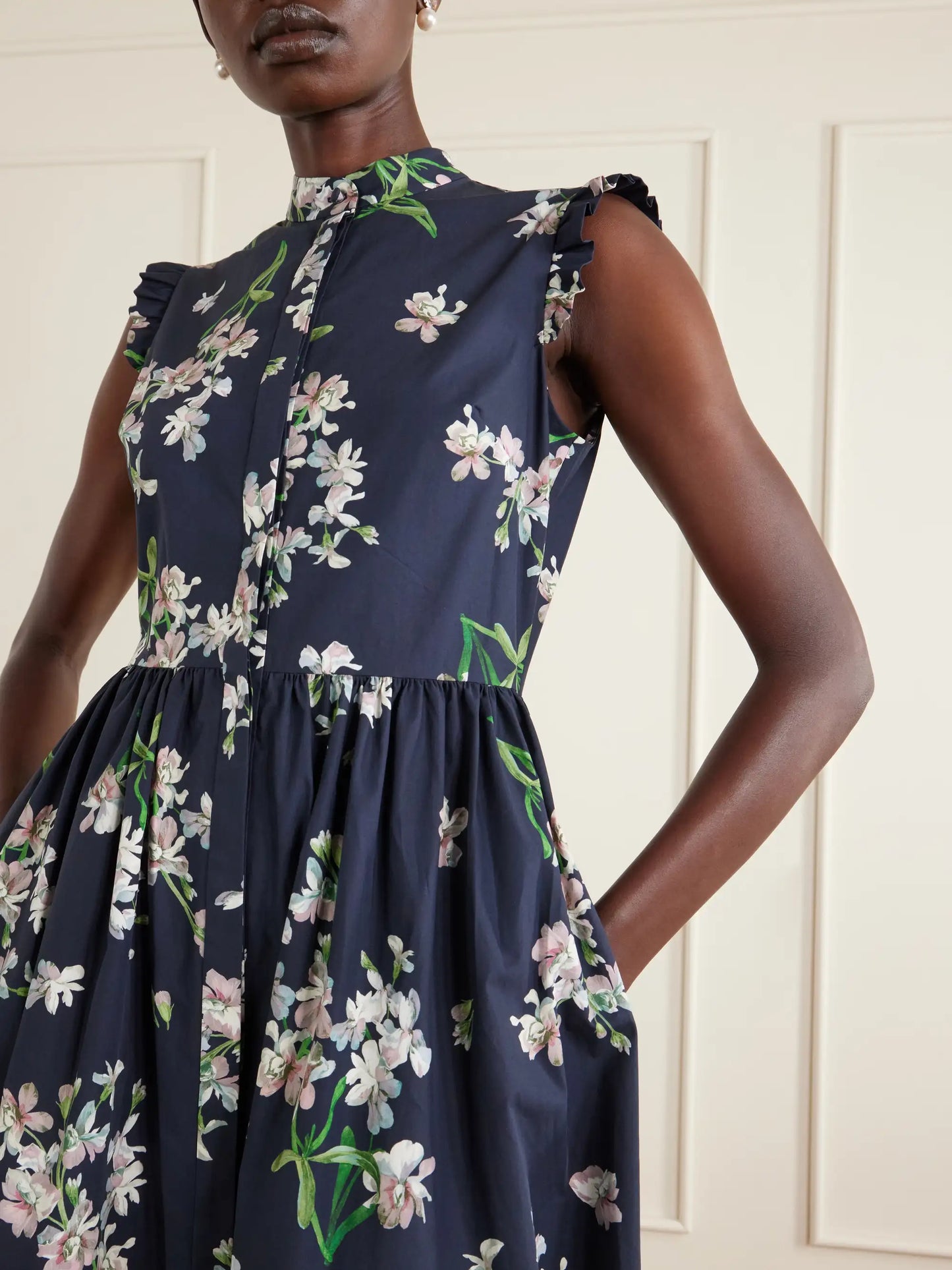 Pleated Ruffled Floral-print Cotton-poplin Midi Dress