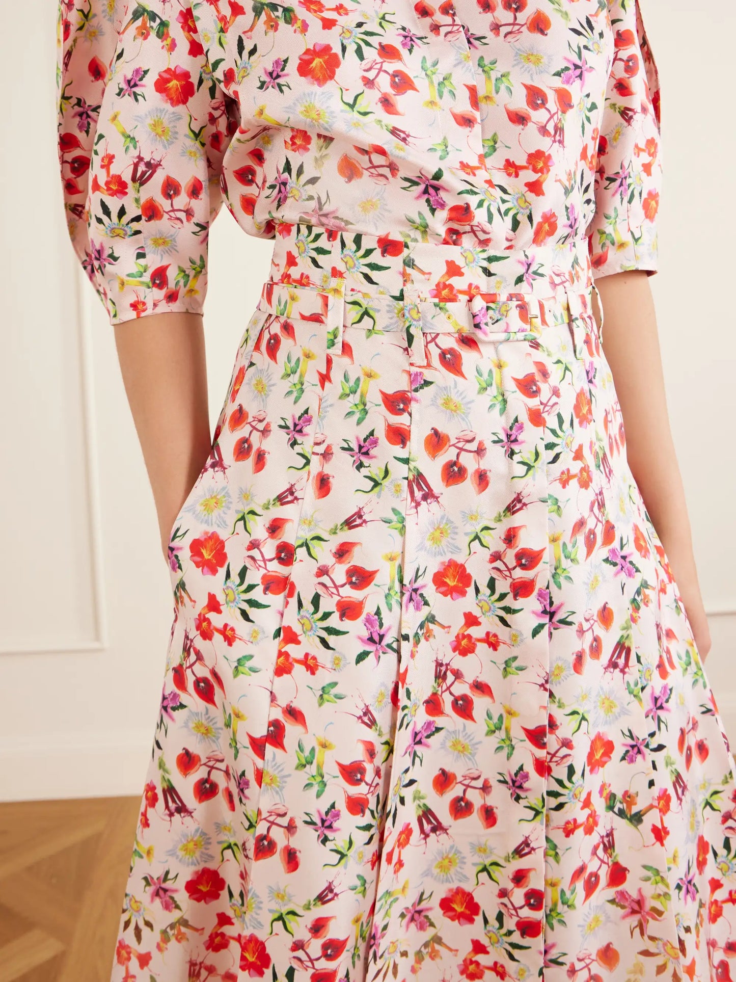 Dugald Floral-print Belted Pleated Silk Maxi Skirt