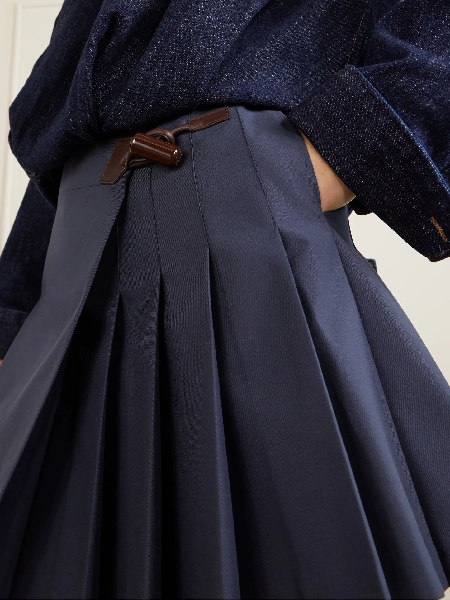 Pleated Leather-trimmed Cotton-blend Mini Skirt
