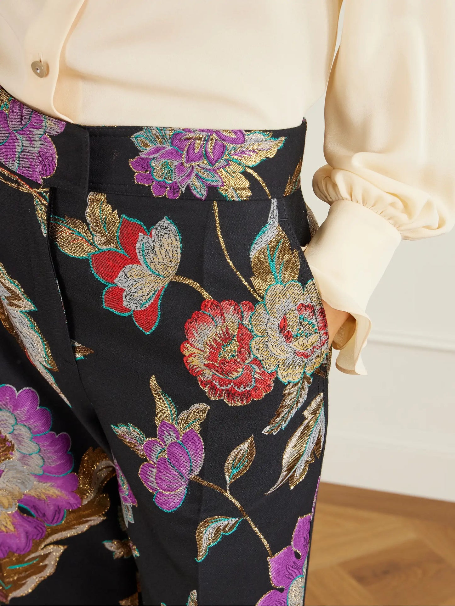 Floral-brocade Wool-blend Straight-leg Pants