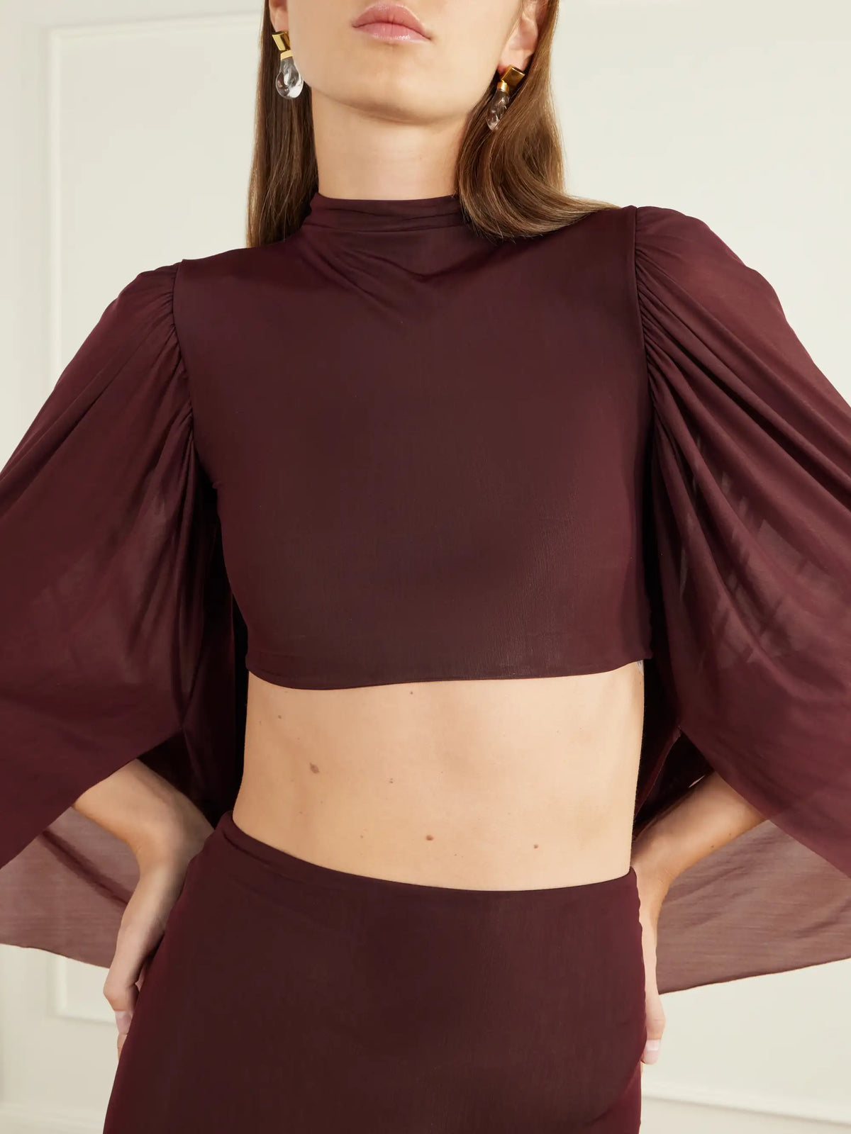 Maygel Coronel Apertura Cape-effect Chiffon-trimmed Jersey Top And Skirt Set