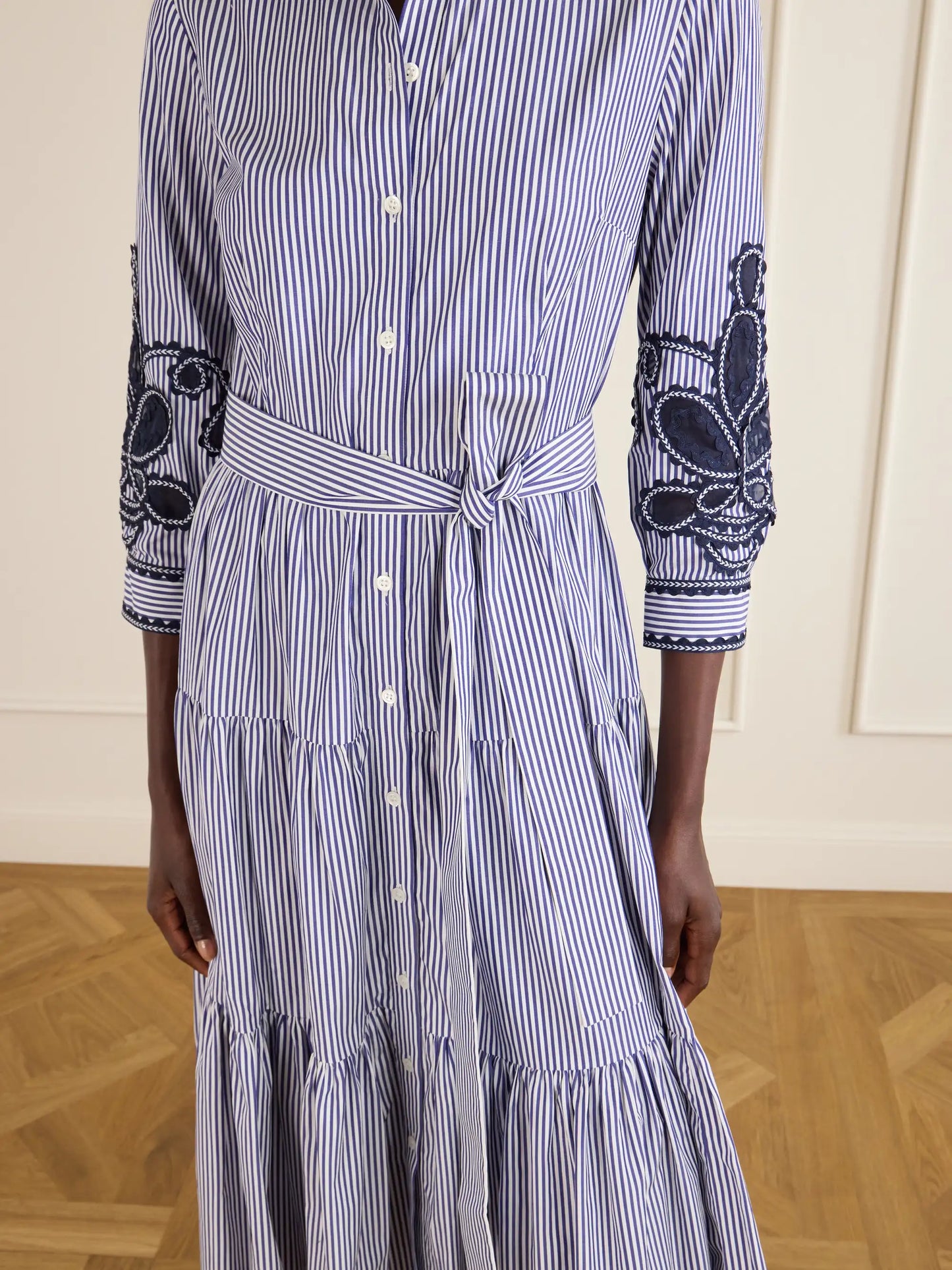 Belted Tiered Embroidered Striped Cotton-poplin Midi Dress