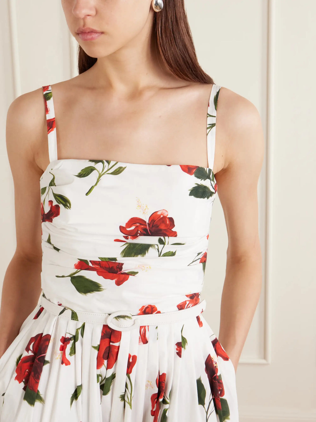Belted Pleated Floral-print Cotton-blend Poplin Midi Dress