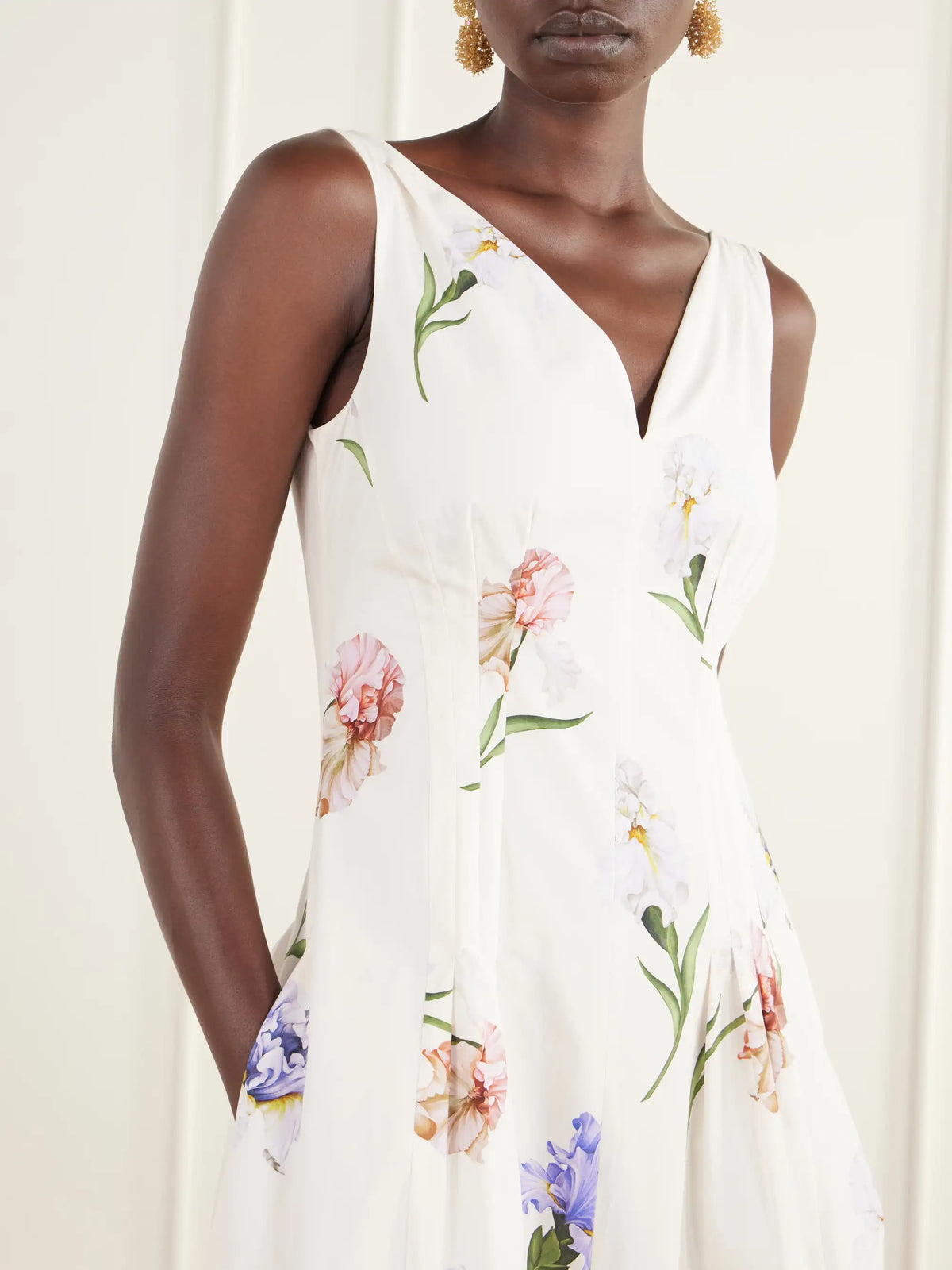 Oscar de la Renta Pleated Floral-print Stretch Cotton-blend Poplin Midi Dress