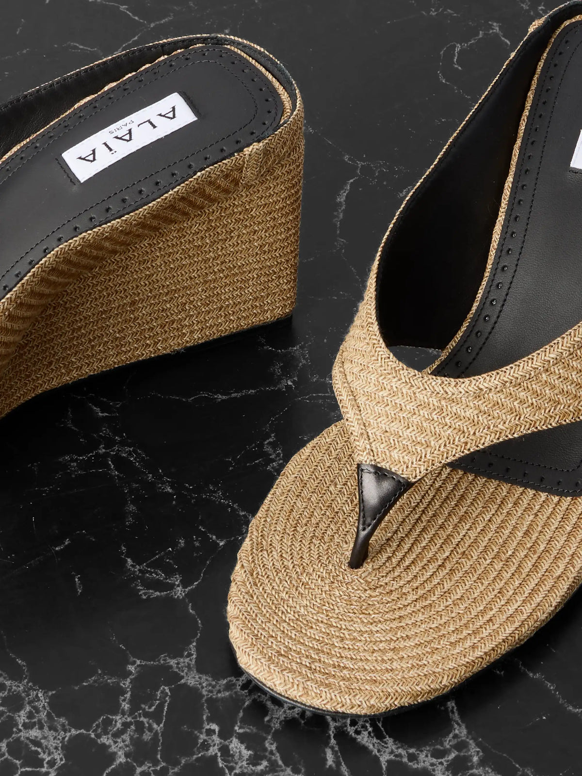 Leather-trimmed Woven Raffia Wedge Sandals
