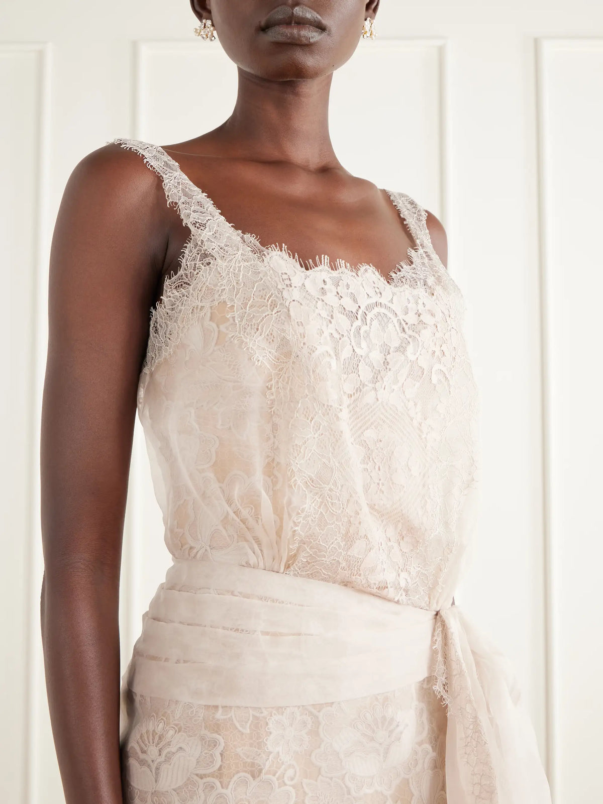 Elie Saab Knot-detailed Lace-trimmed Organza Midi Dress