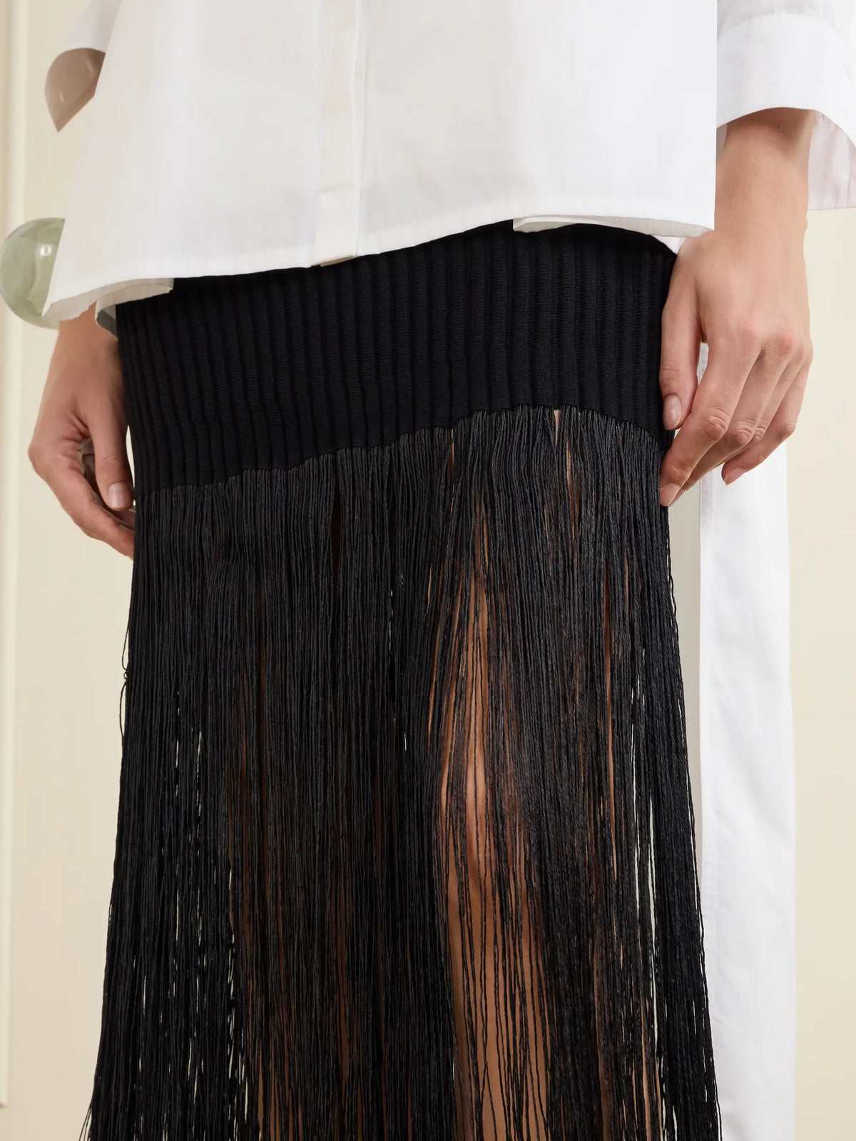 Ribbed Fringed Jersey Midi Skirt