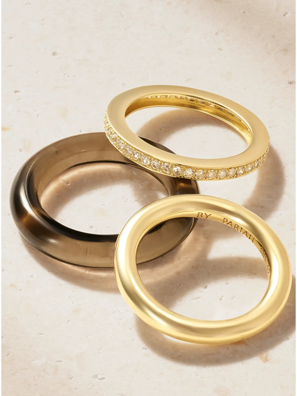 Set Of Three 14-karat Gold, Diamond And Smokey Quartz Rings