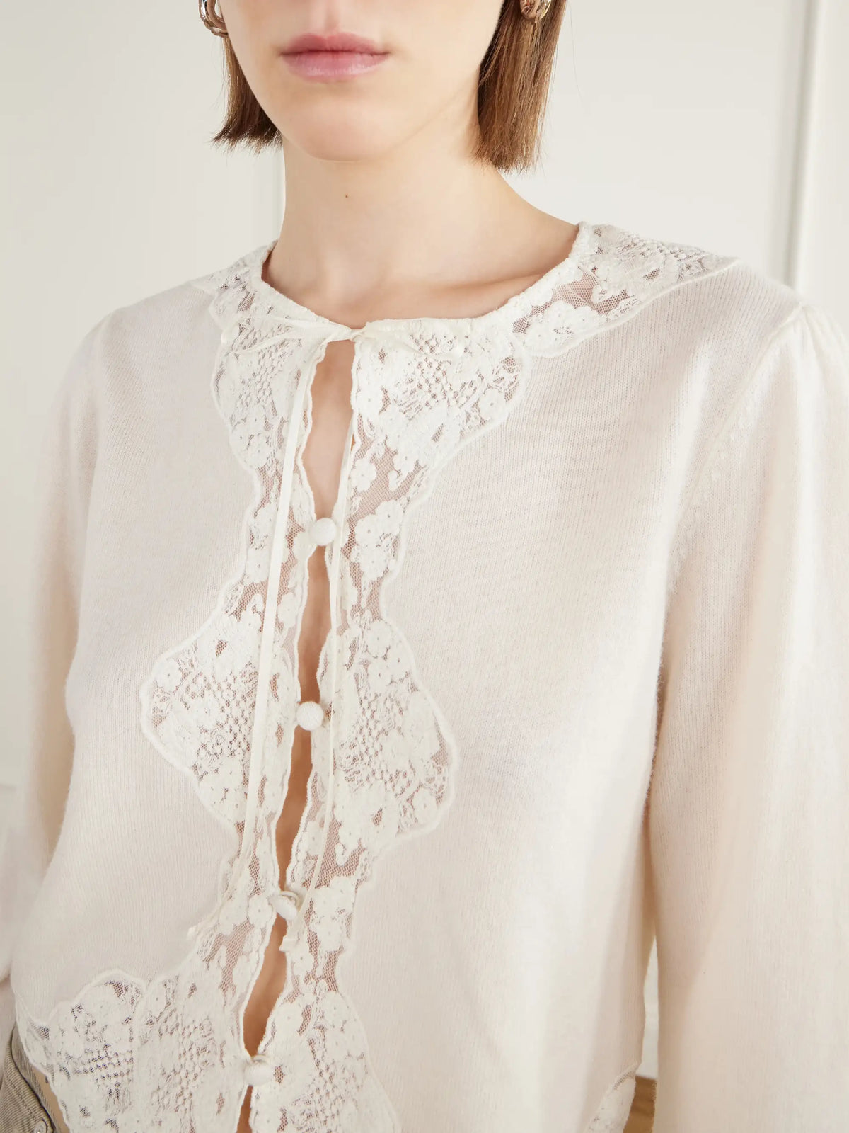 RIXO Tassia Bow-detailed Lace-trimmed Wool And Cashmere-blend Cardigan