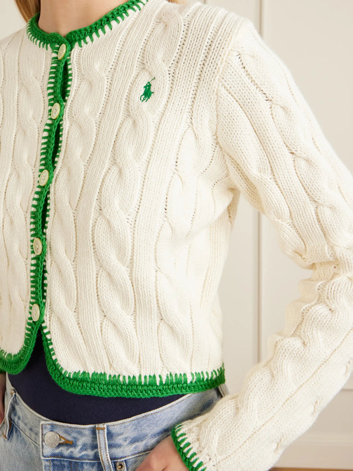 Ebroidered Cable-knit Cotton-blend Cardigan