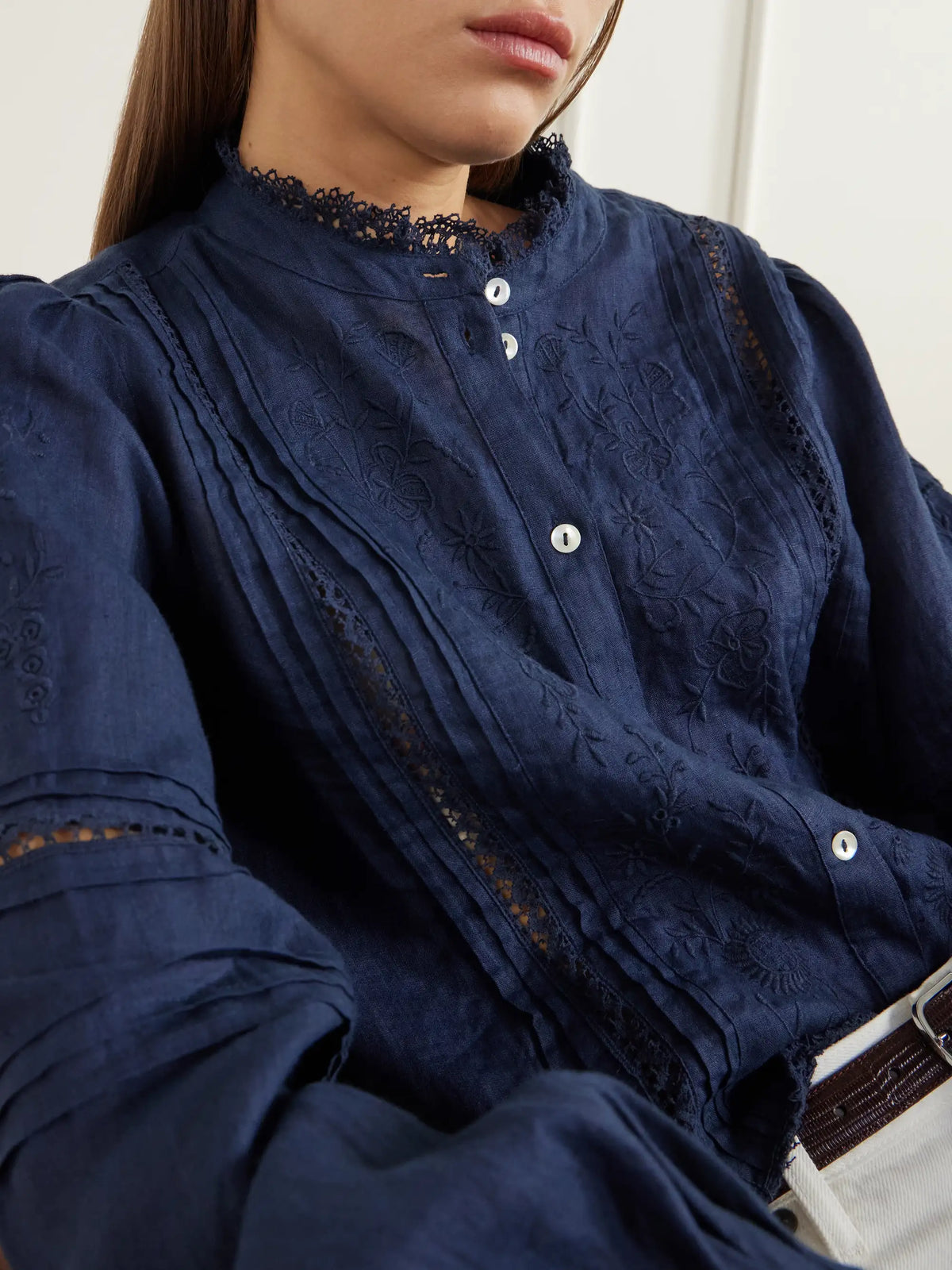 SKALL Velina Gathered Floral-embroidered Lace-trimmed Linen-twill Blouse
