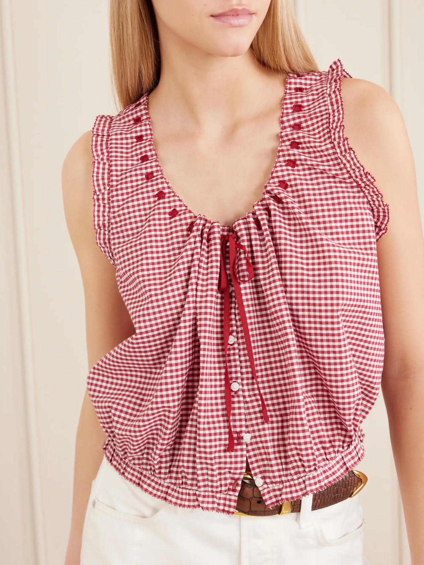 Traveler Gathered Checked Organic Cotton Blouse