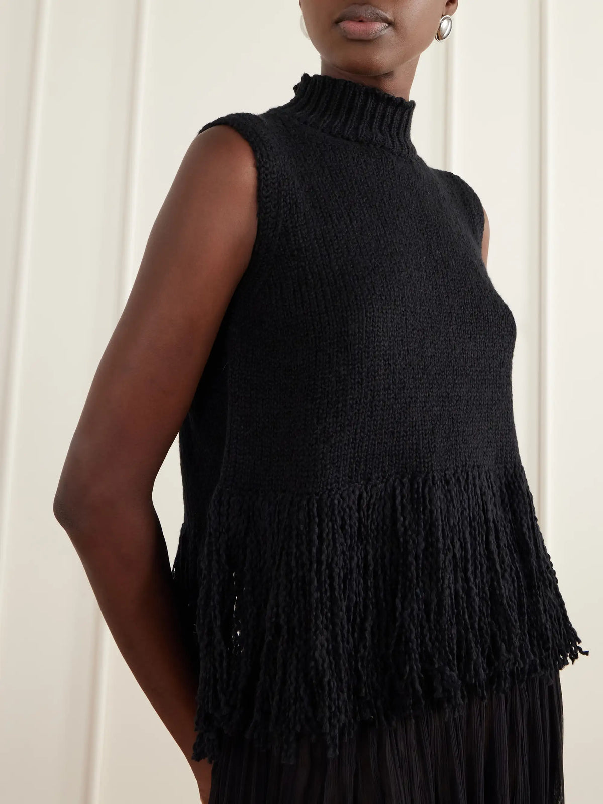 ALIX OF BOHEMIA Sonia Onyx Fringed Turtleneck Cotton Sweater