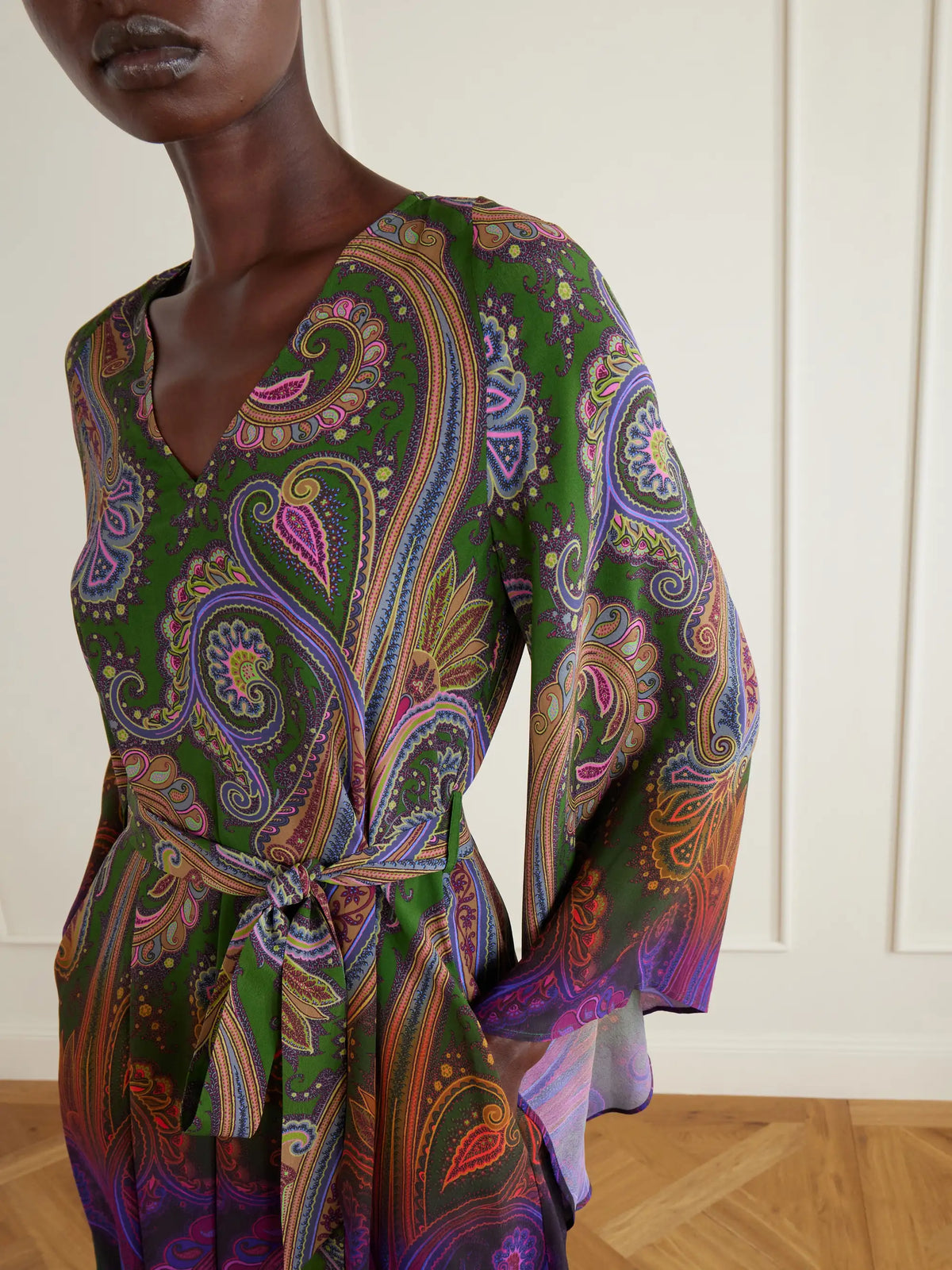 Belted Paisley-printed Jersey Mini Dress