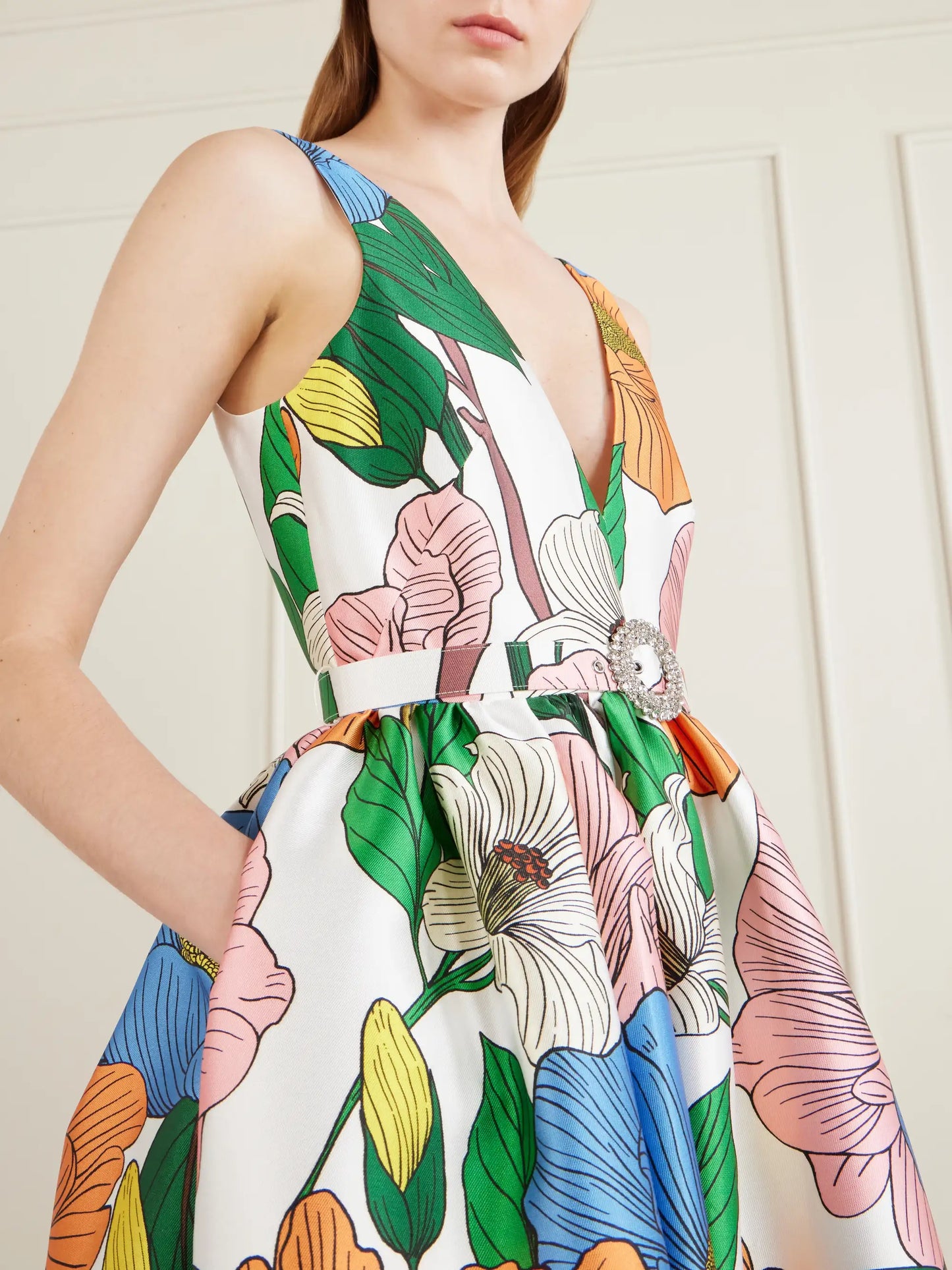 Isabella Belted Floral-print Taffeta Maxi Dress