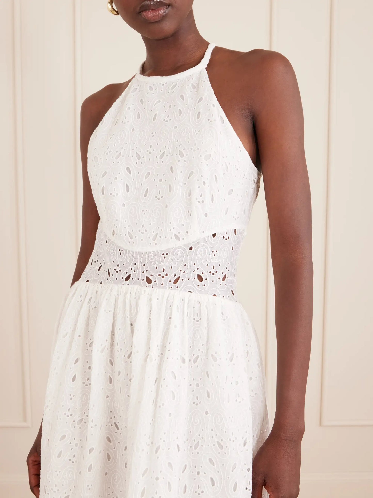 Scalloped Broderie Anglaise Ramie Halterneck Midi Dress