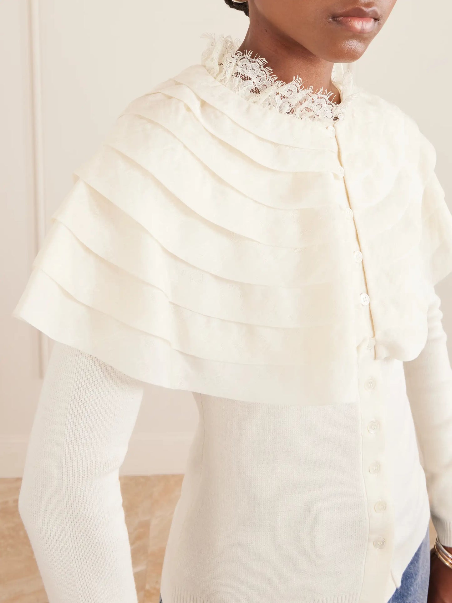 Wanda Ruffled Lace And Brocade-trimmed Wool Cardigan