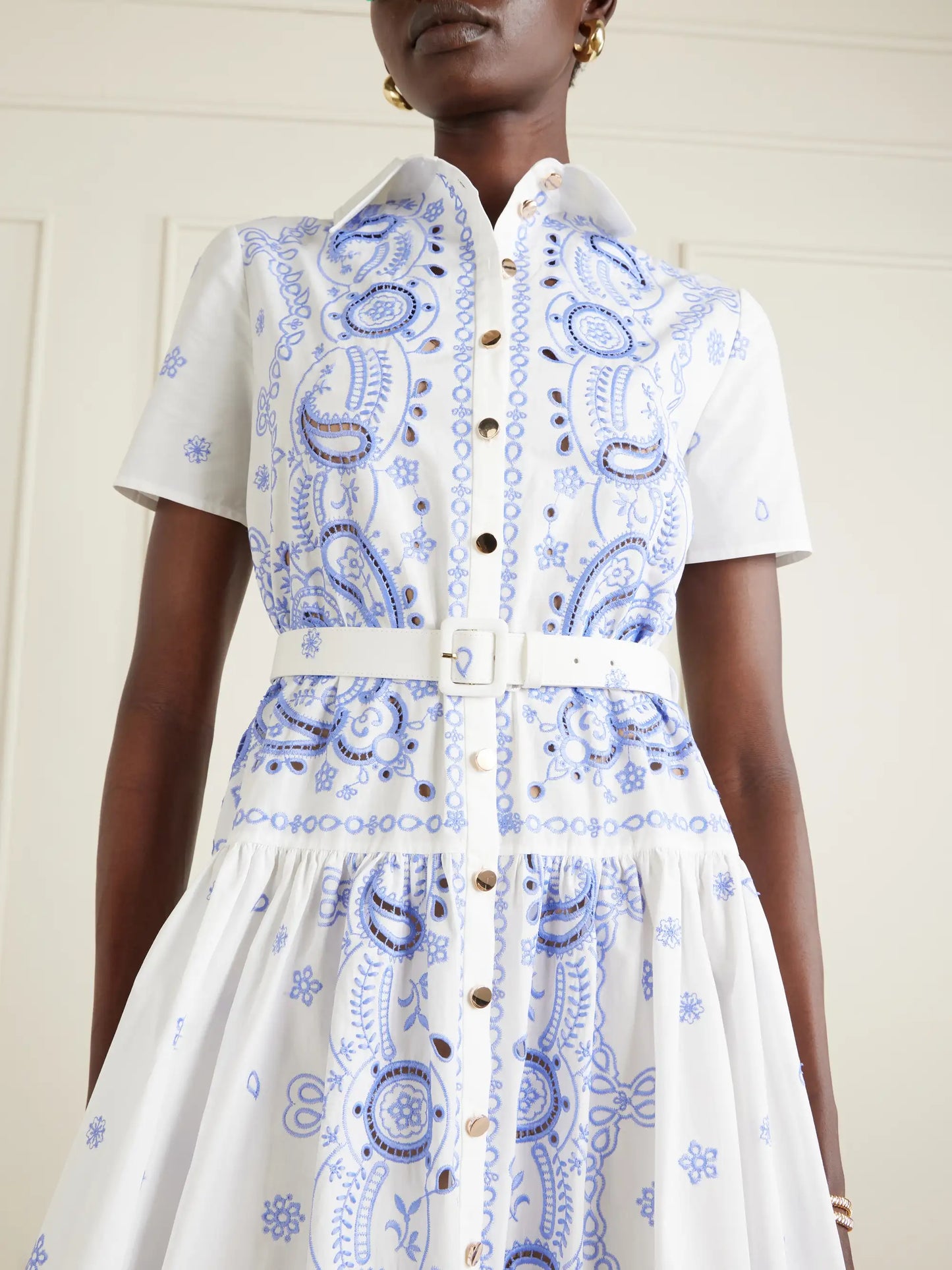 Belted Embroidered Cotton-poplin Midi Shirt Dress