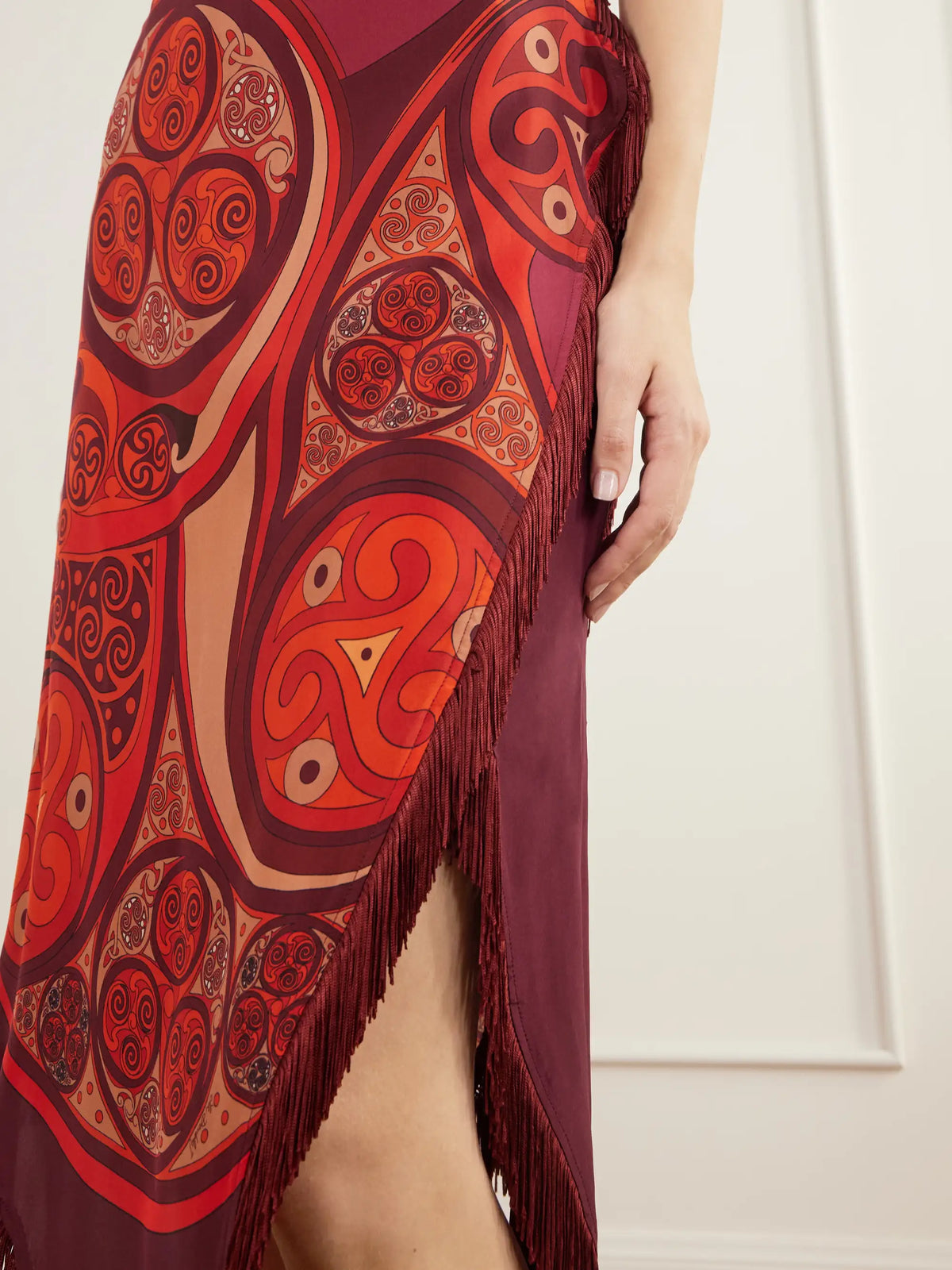La DoubleJ Scarf Asymmetric Printed Fringe-trimmed Silk-twill Midi Dress