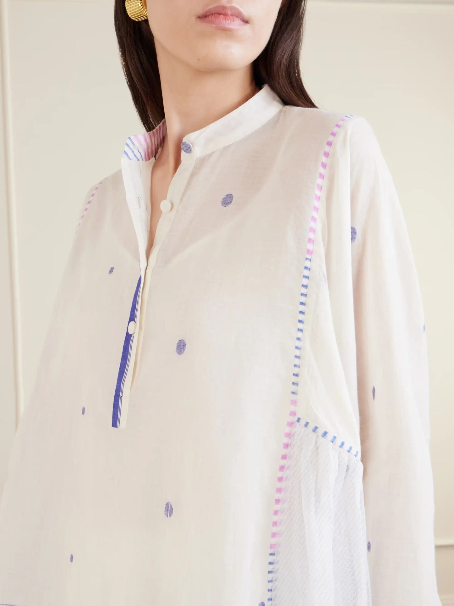 Cosmos Handwoven Cotton-jamdani Blouse Patched With Printed Stripes