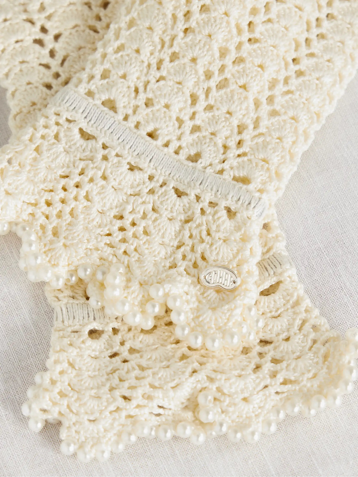 Pearl-like Trimmed Crocheted Cotton Gloves