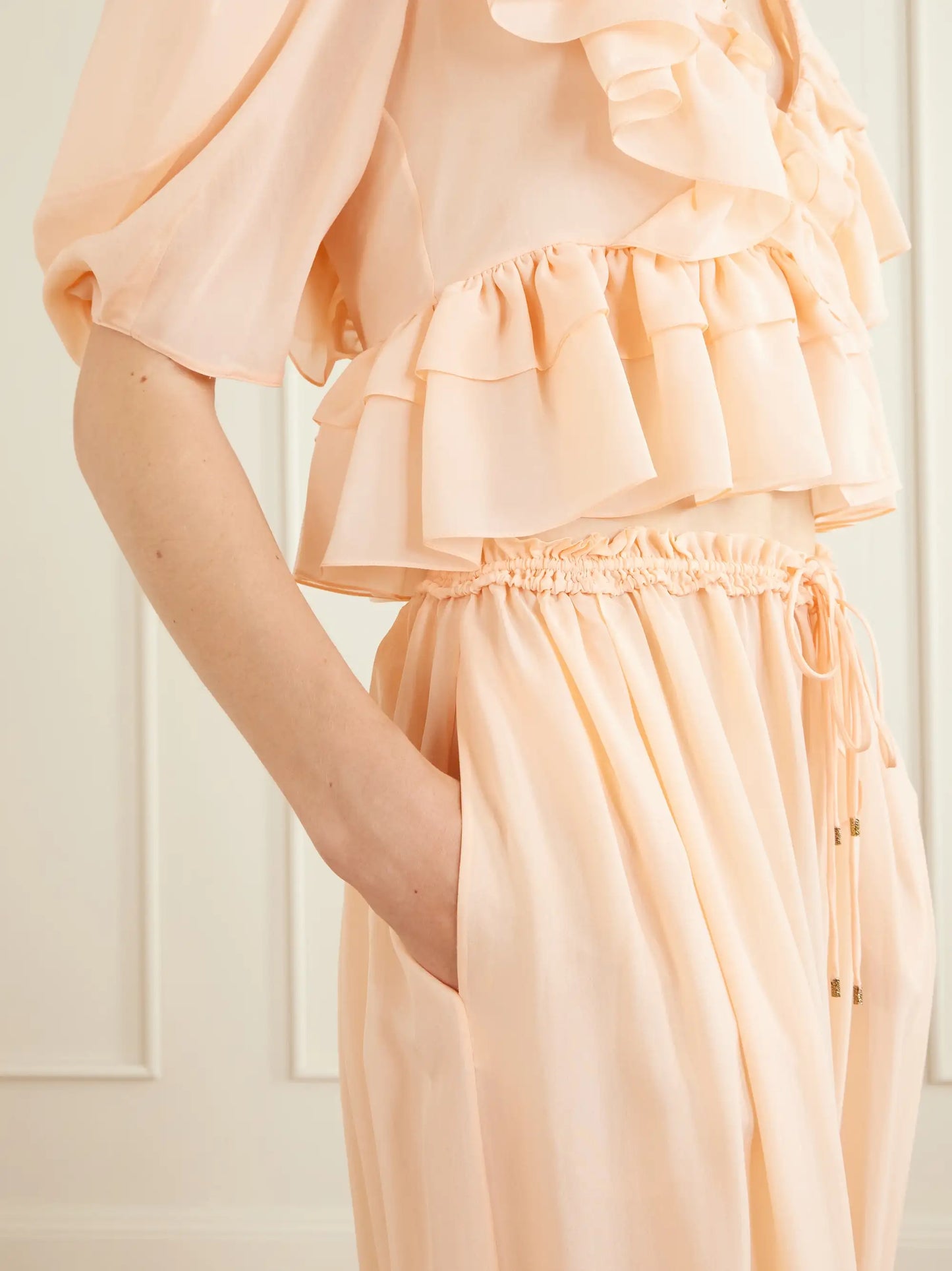Ruffled Pleated Lace-trimmed Silk-charmeuse Balloon Pants
