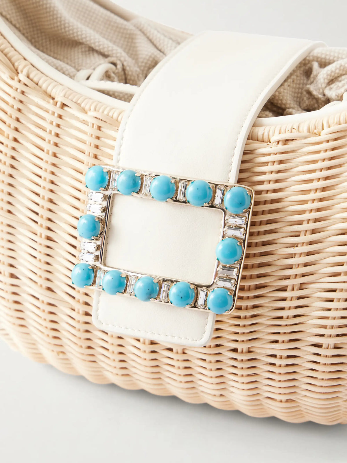 Embellished Leather-trimmed Raffia Shoulder Bag