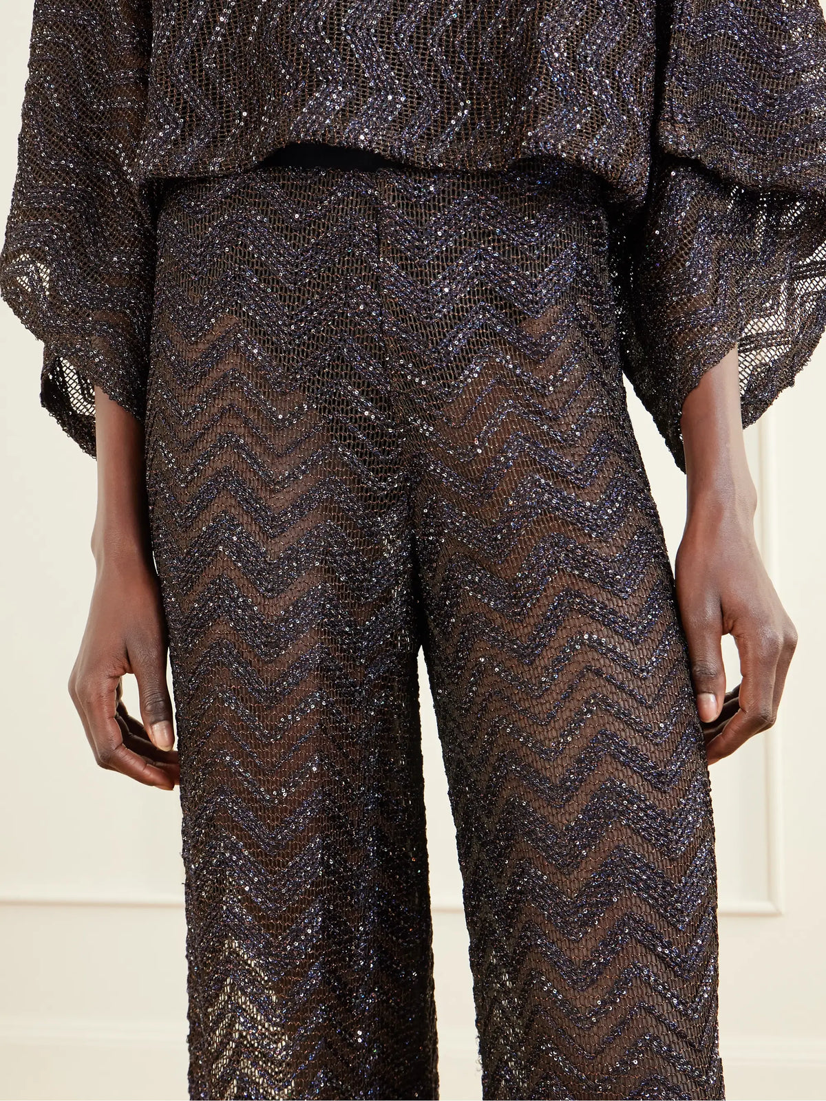 Sequin-embellished Crochet-knit Wide-leg Pants