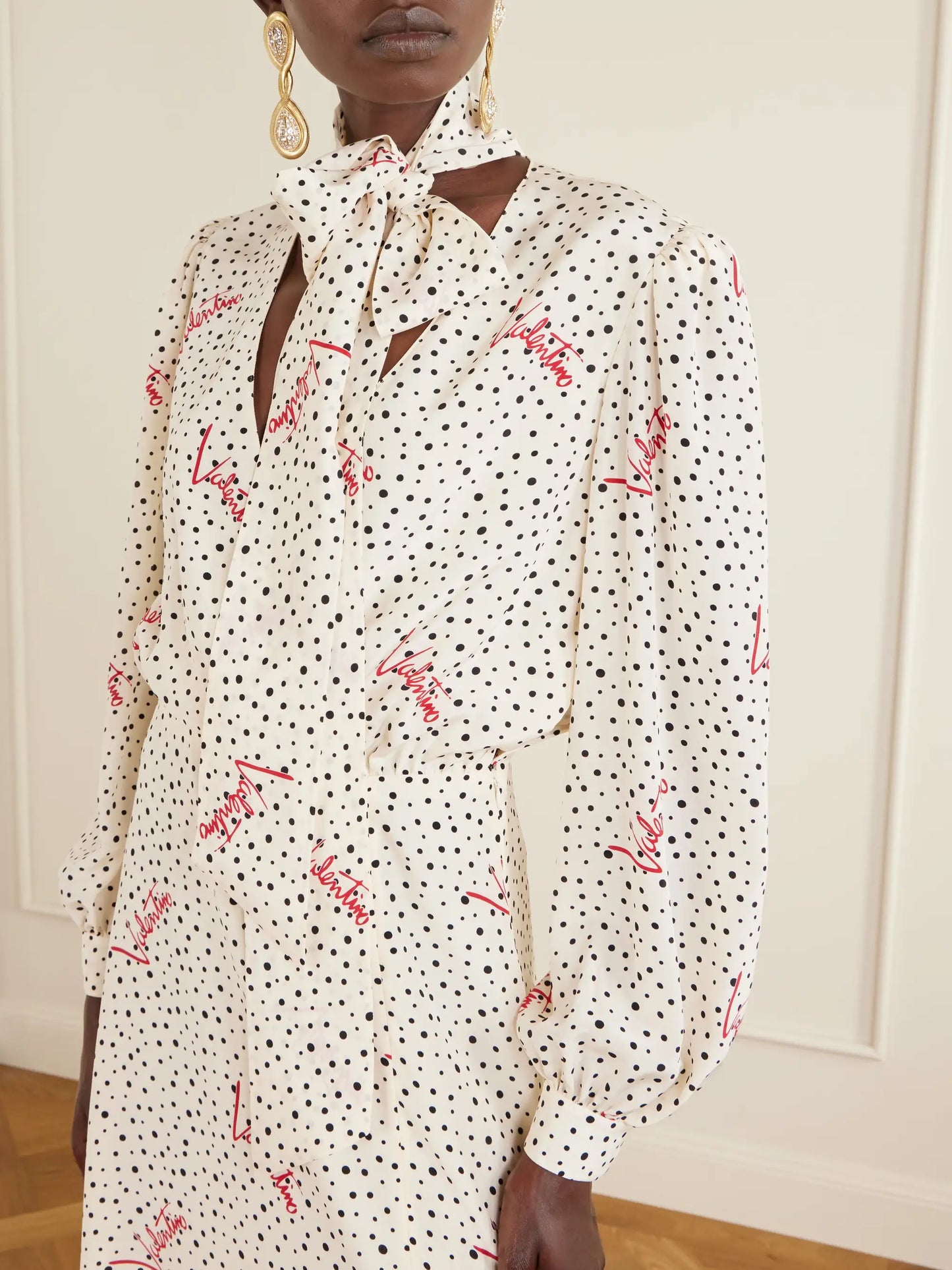 Pussy-bow Polka-dot Silk Crepe De Chine Maxi Dress