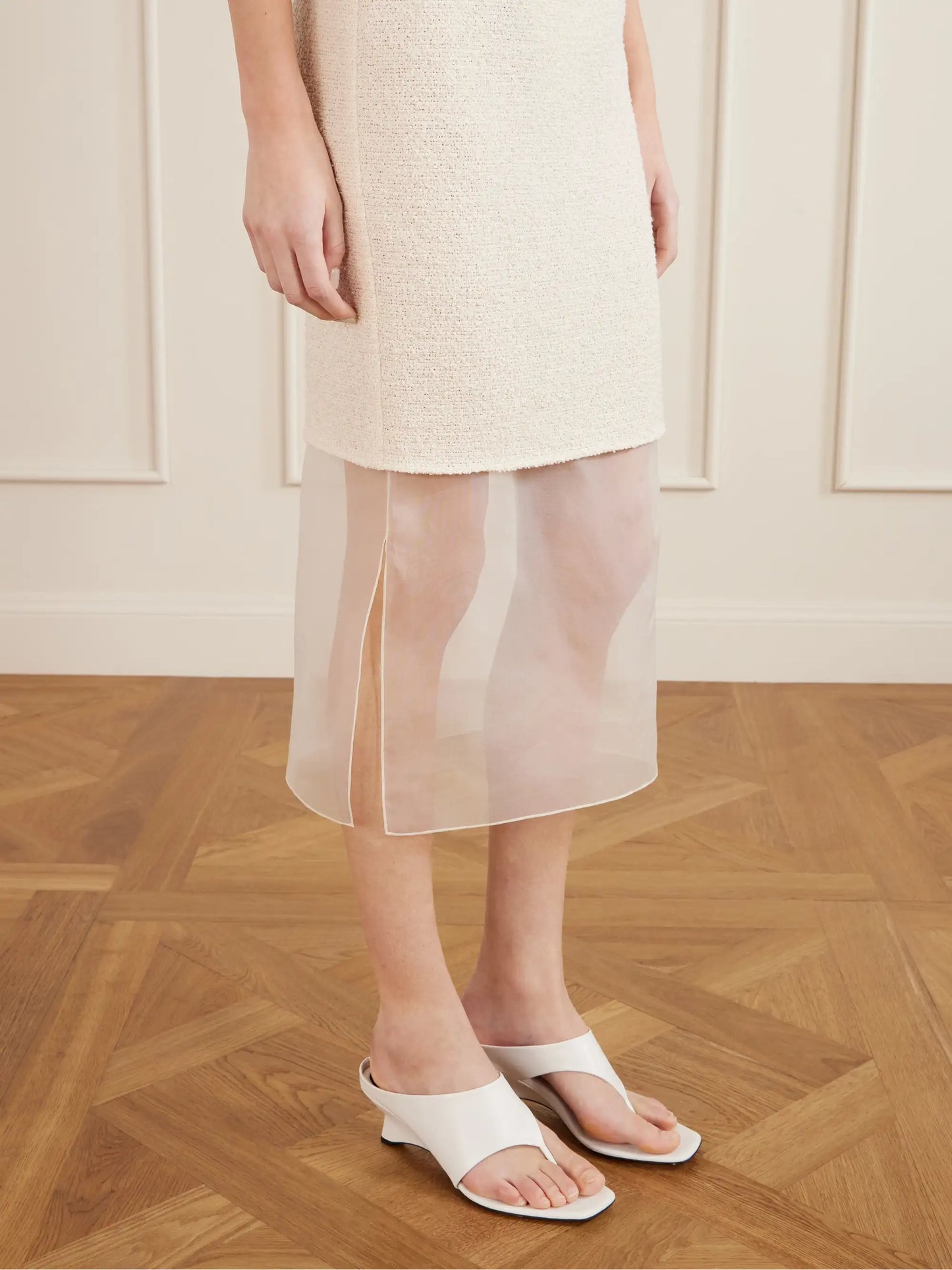 Sybil Layered Cotton-blend Bouclé And Organza Midi Skirt