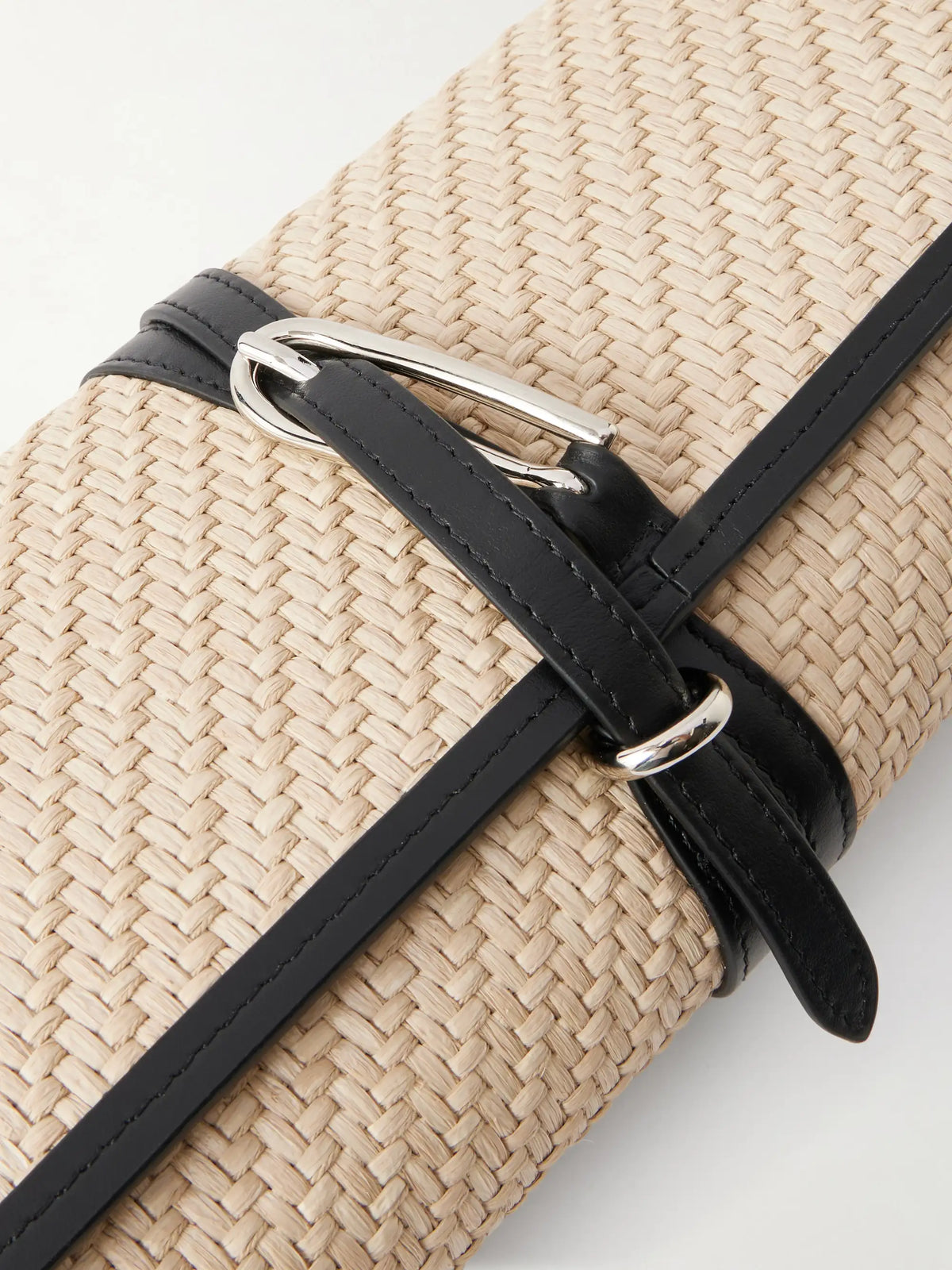 Belted Leather-trimmed Raffia Clutch