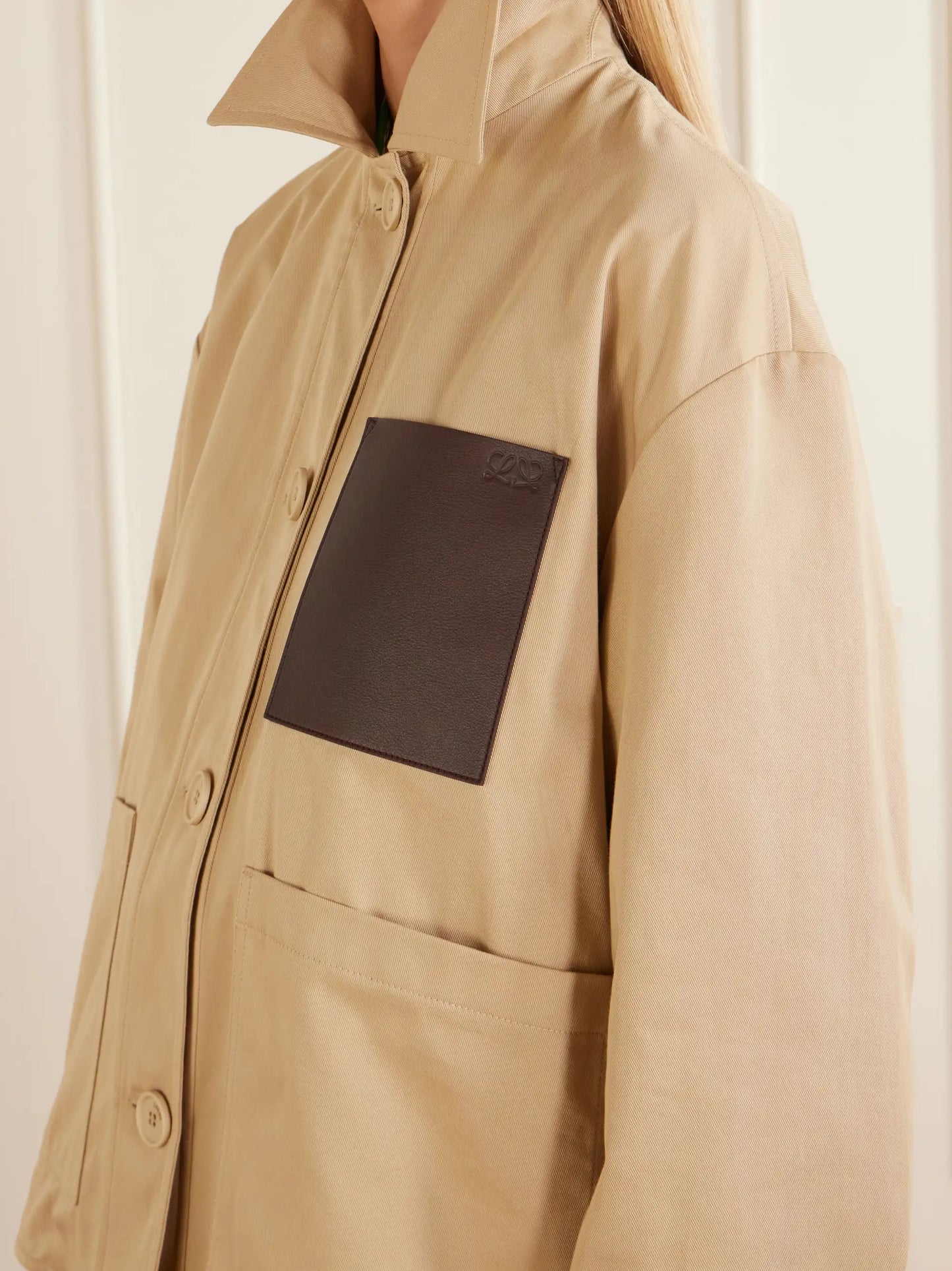 Anagram-embossed Leather-trimmed Cotton-gabardine Jacket