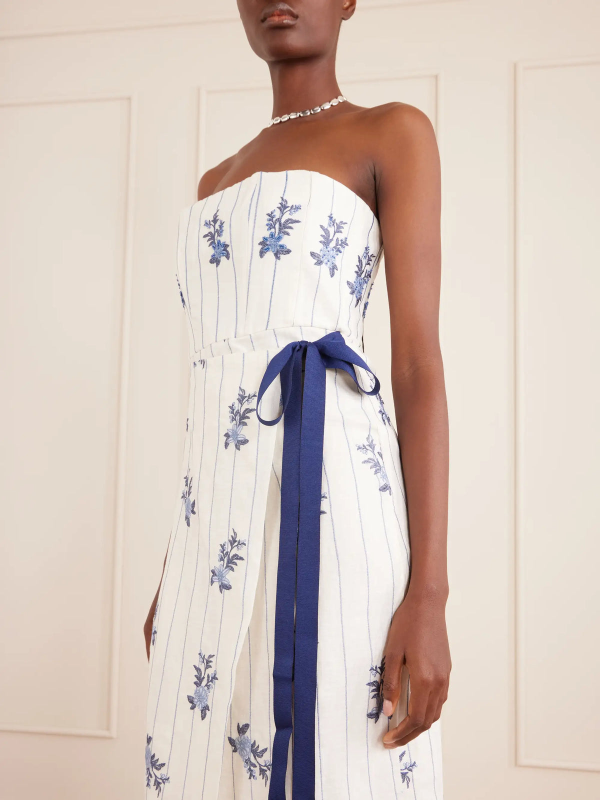 Agua by Agua Bendita Cinefila Striped Embellished Linen Midi Dress