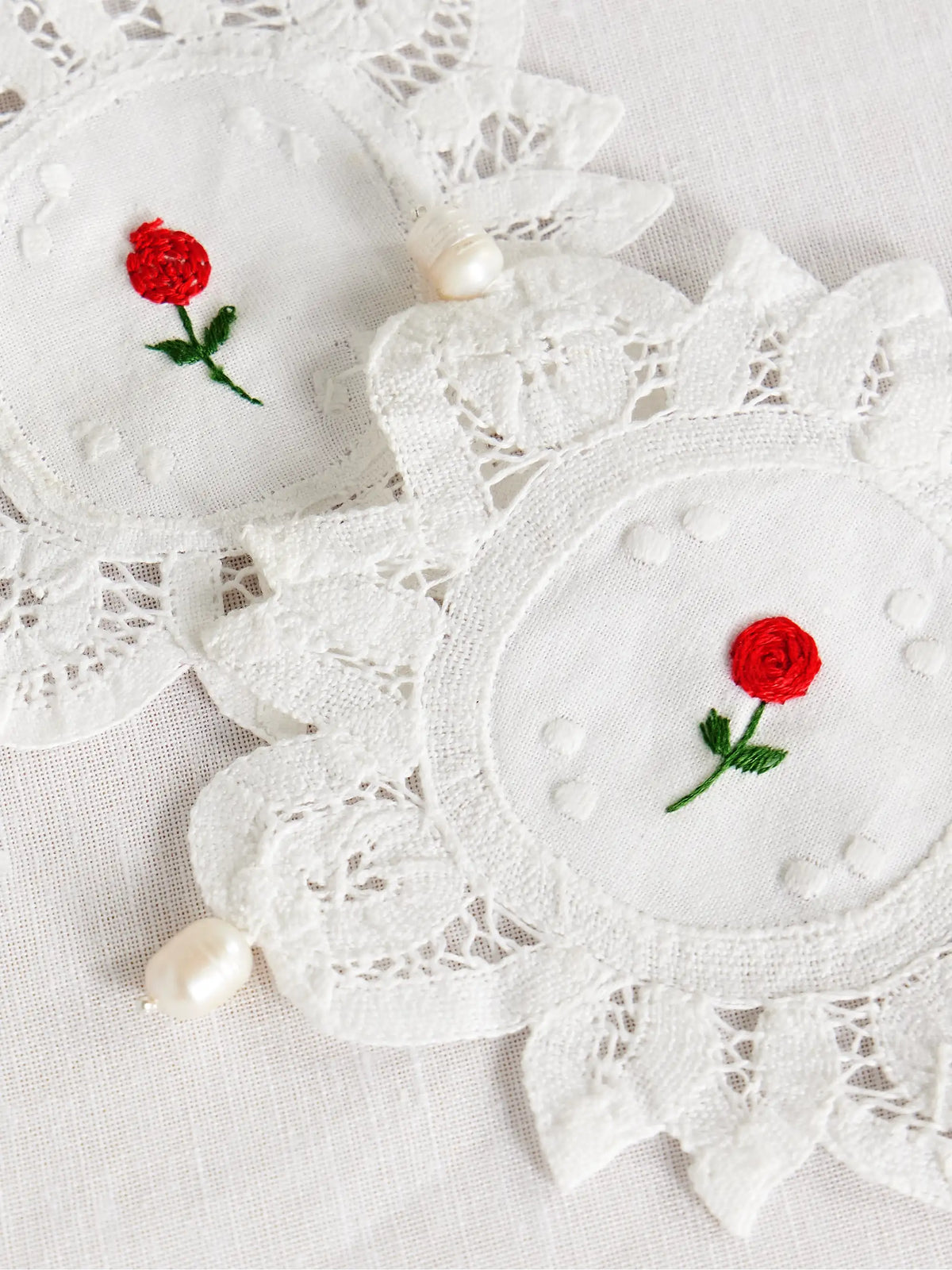 Set Of Two Pearl-embellished Embroidered Cotton-lace Coasters