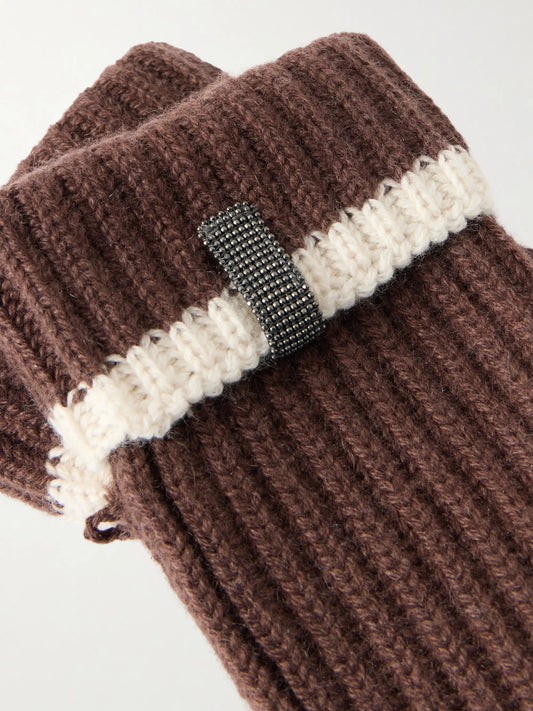Bead-embellished Striped Ribbed Cashmere Mittens