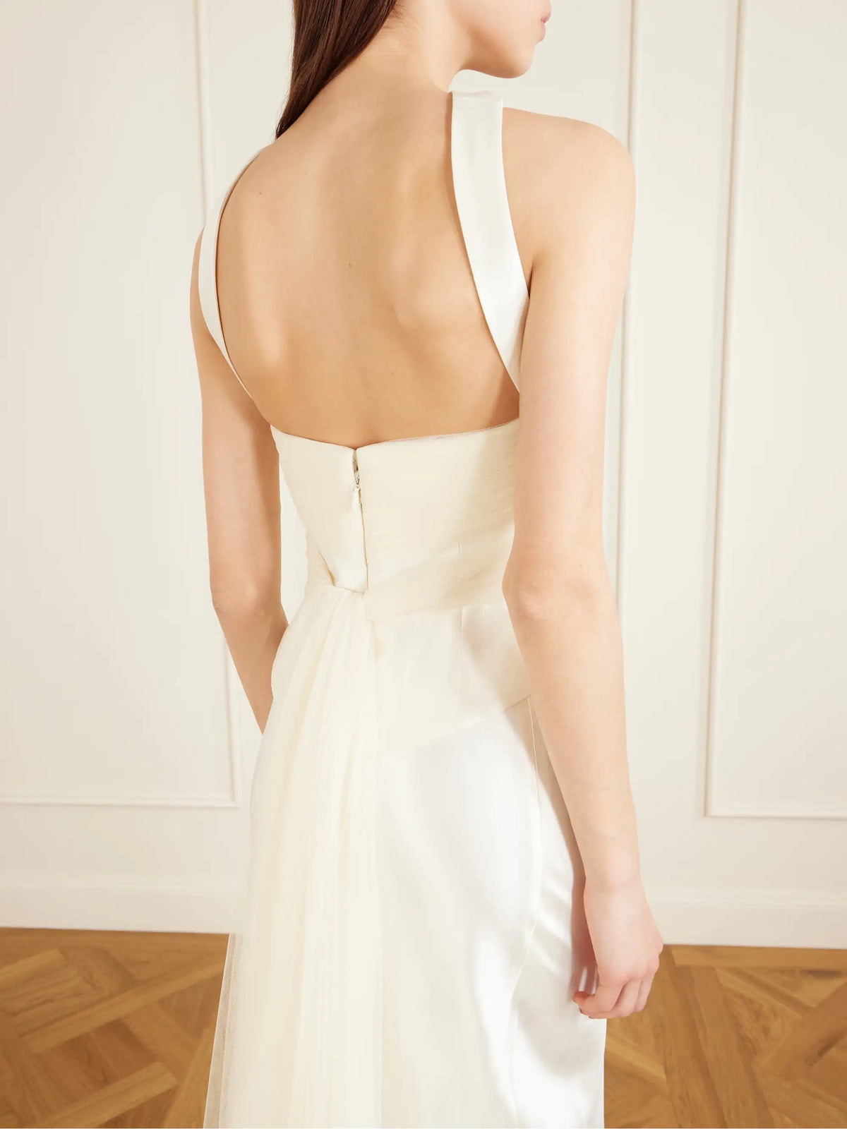 Danielle Frankel Viola Gathered Draped Tulle-trimmed Wool And Silk-blend Twill Top