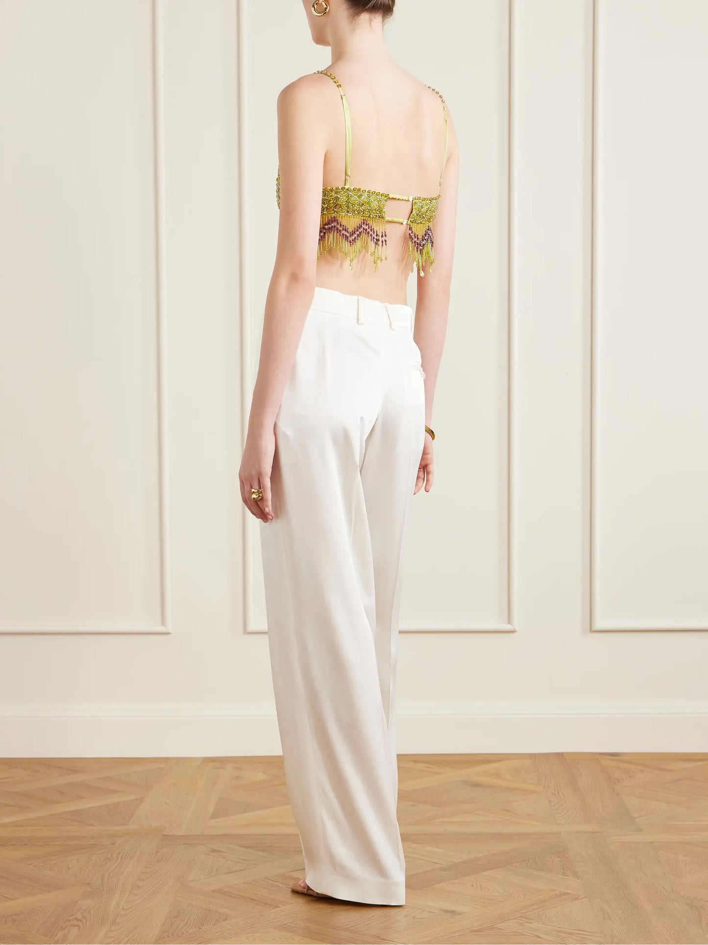 Bottleglass Cropped Fringed Beaded Satin Top