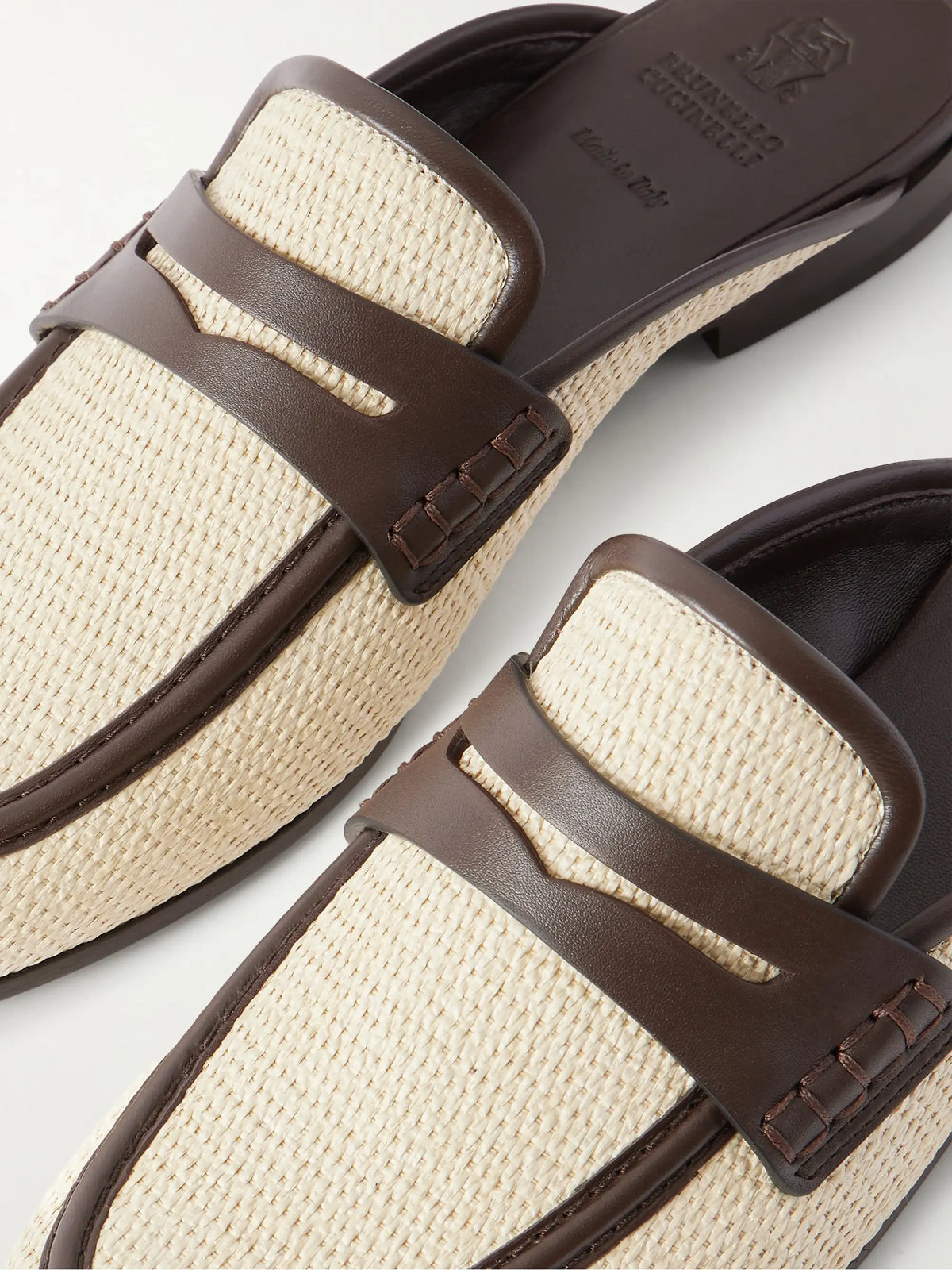 Leather-trimmed Raffia Slip-ons