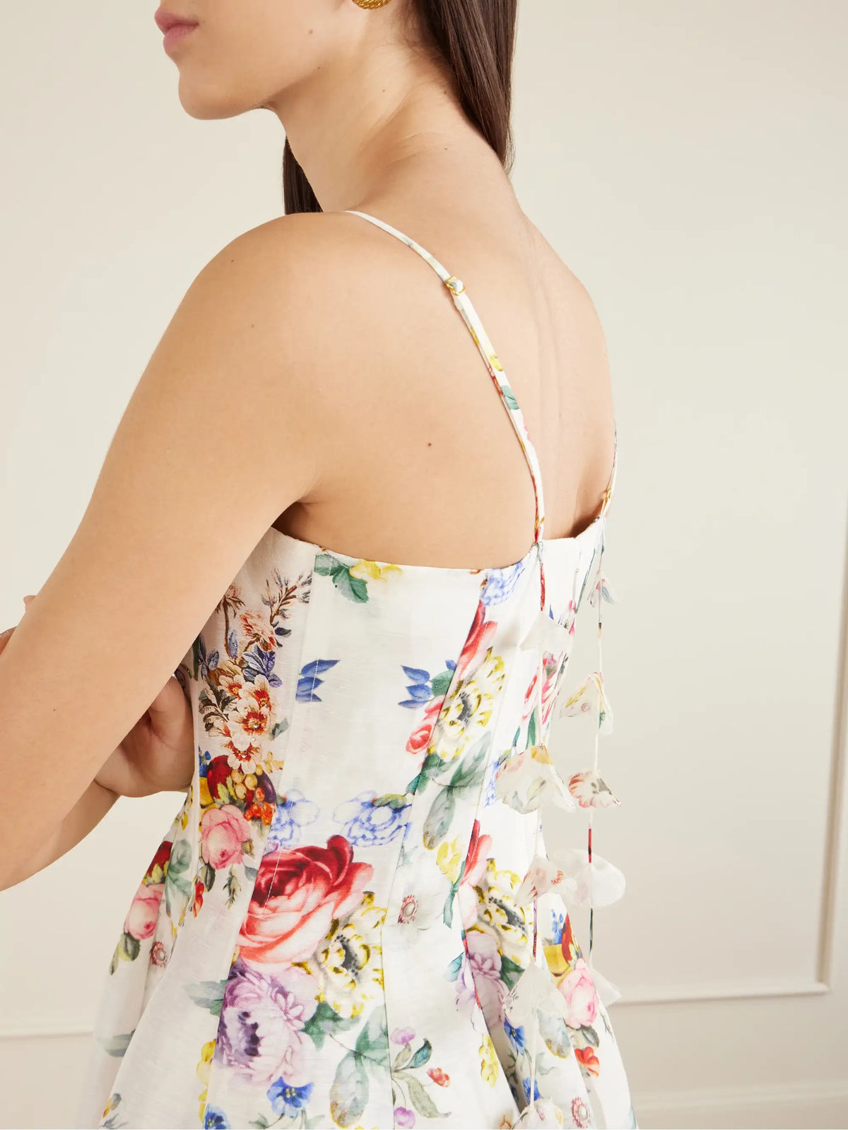 Paneled Embellished Floral-print Silk And Linen-blend Mini Dress
