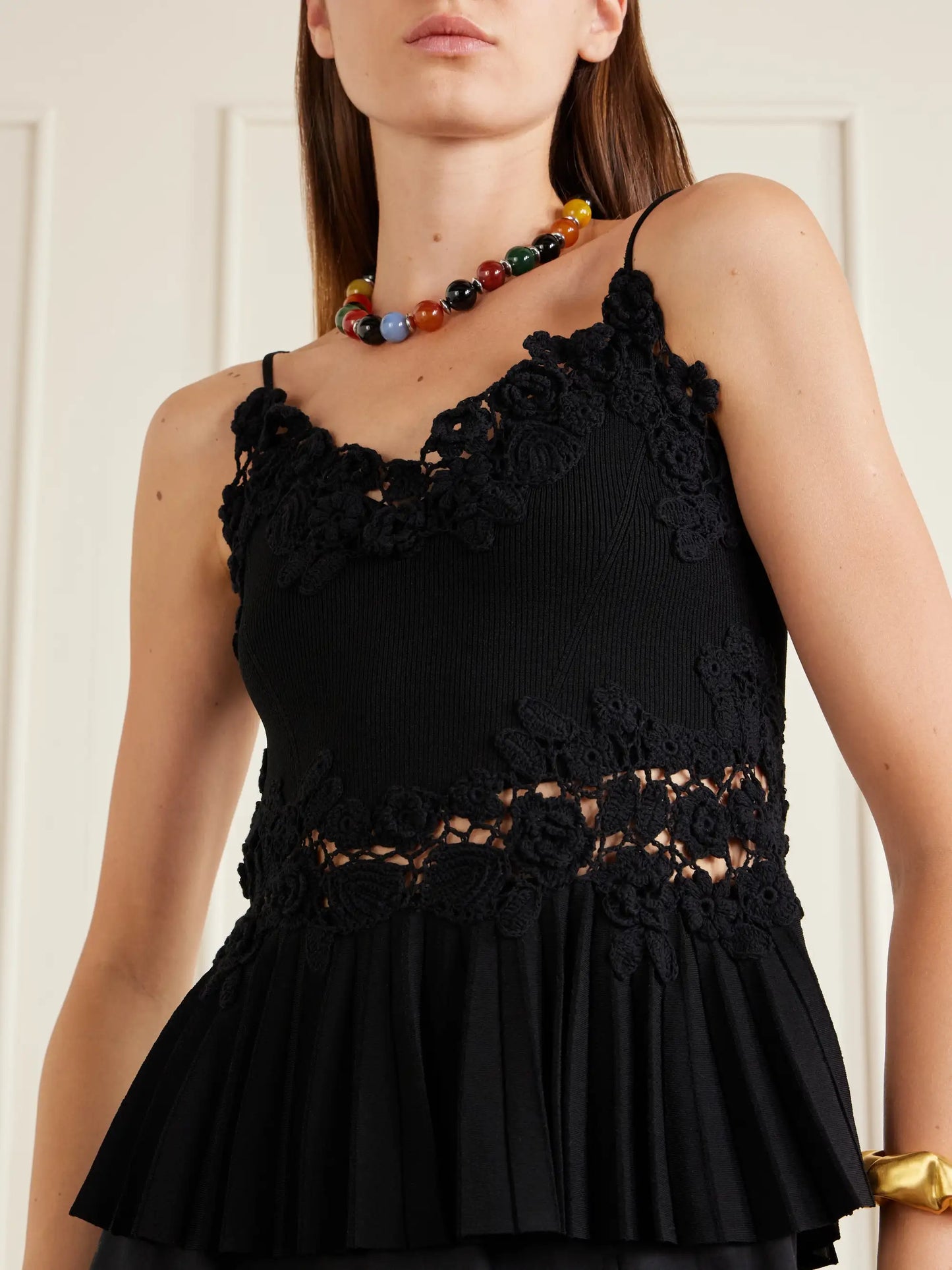 Estelle Pleated Crochet-trimmed Ribbed Jersey Tank