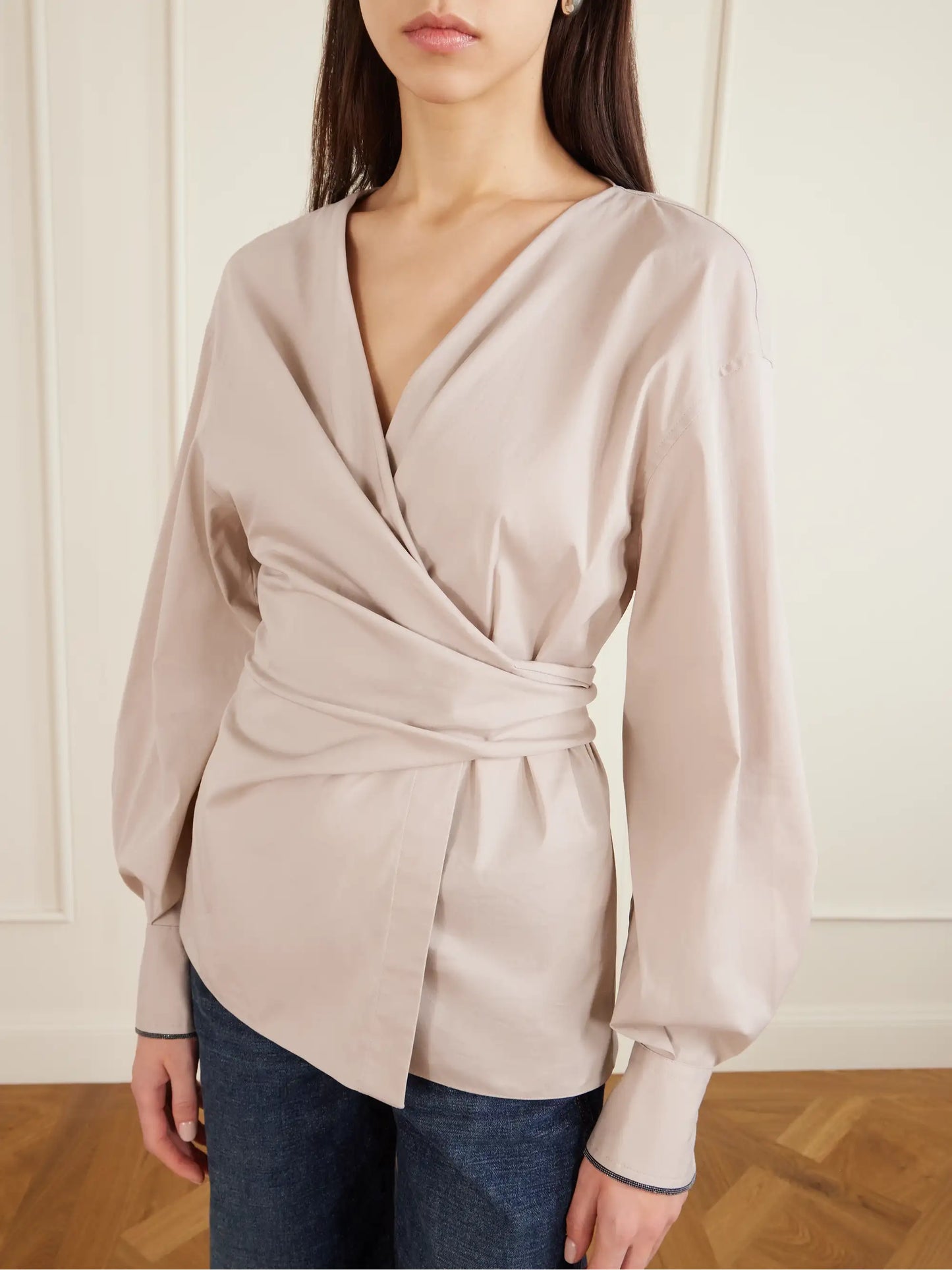 Embellished Cotton-blend Poplin Wrap Blouse